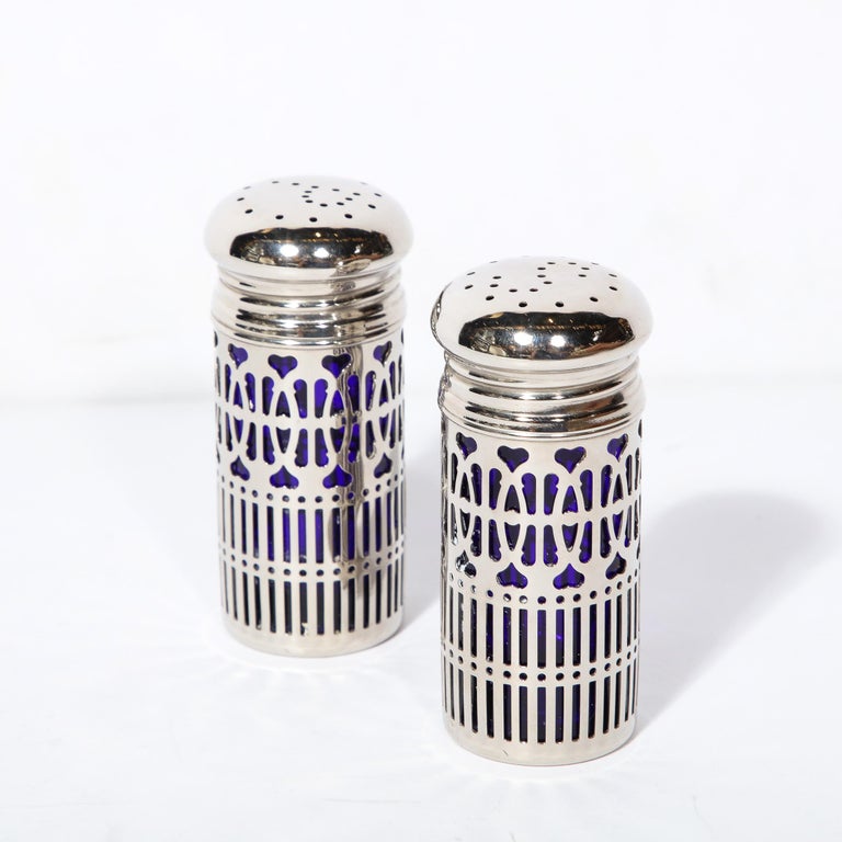 Pair of Art Deco Silver Plate and Cobalt Blue Glass Salt and 