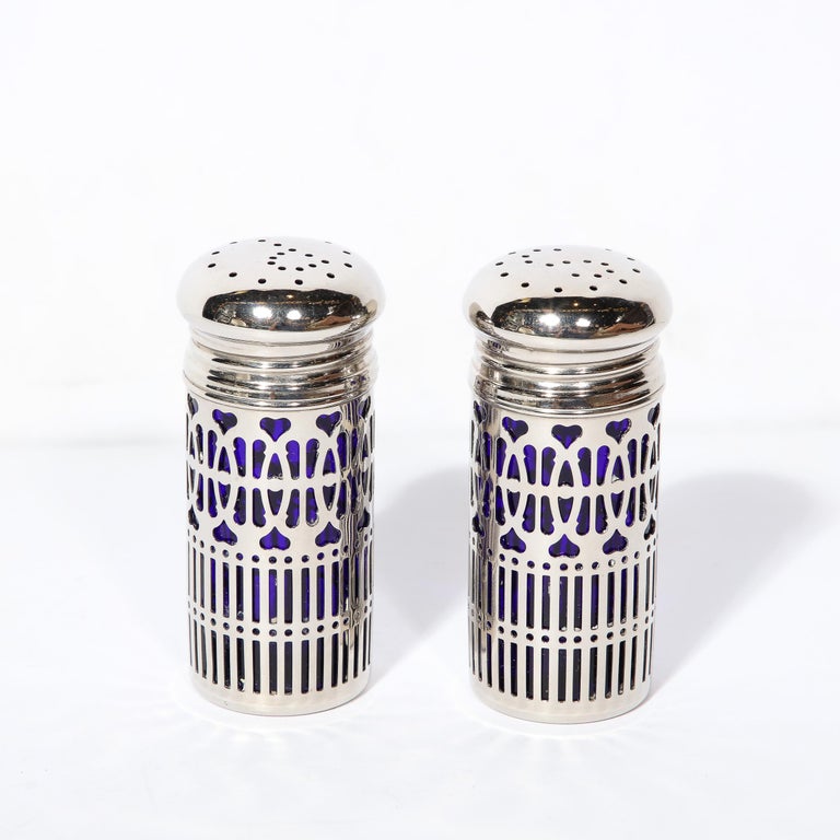 Pair of Art Deco Silver Plate and Cobalt Blue Glass Salt and 
