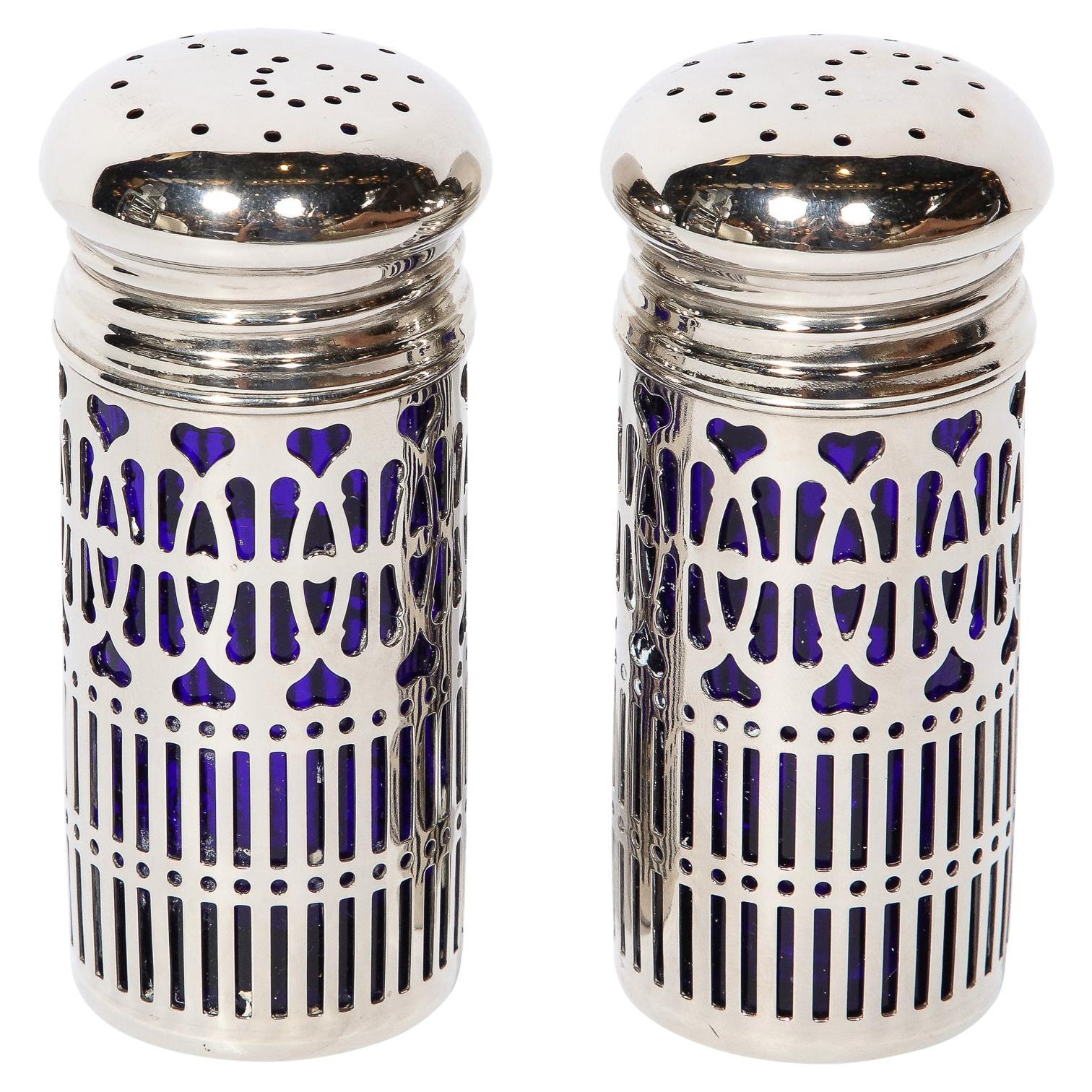 Pair of Art Deco Silver Plate and Cobalt Blue Glass Salt and Pepper Shakers For Sale