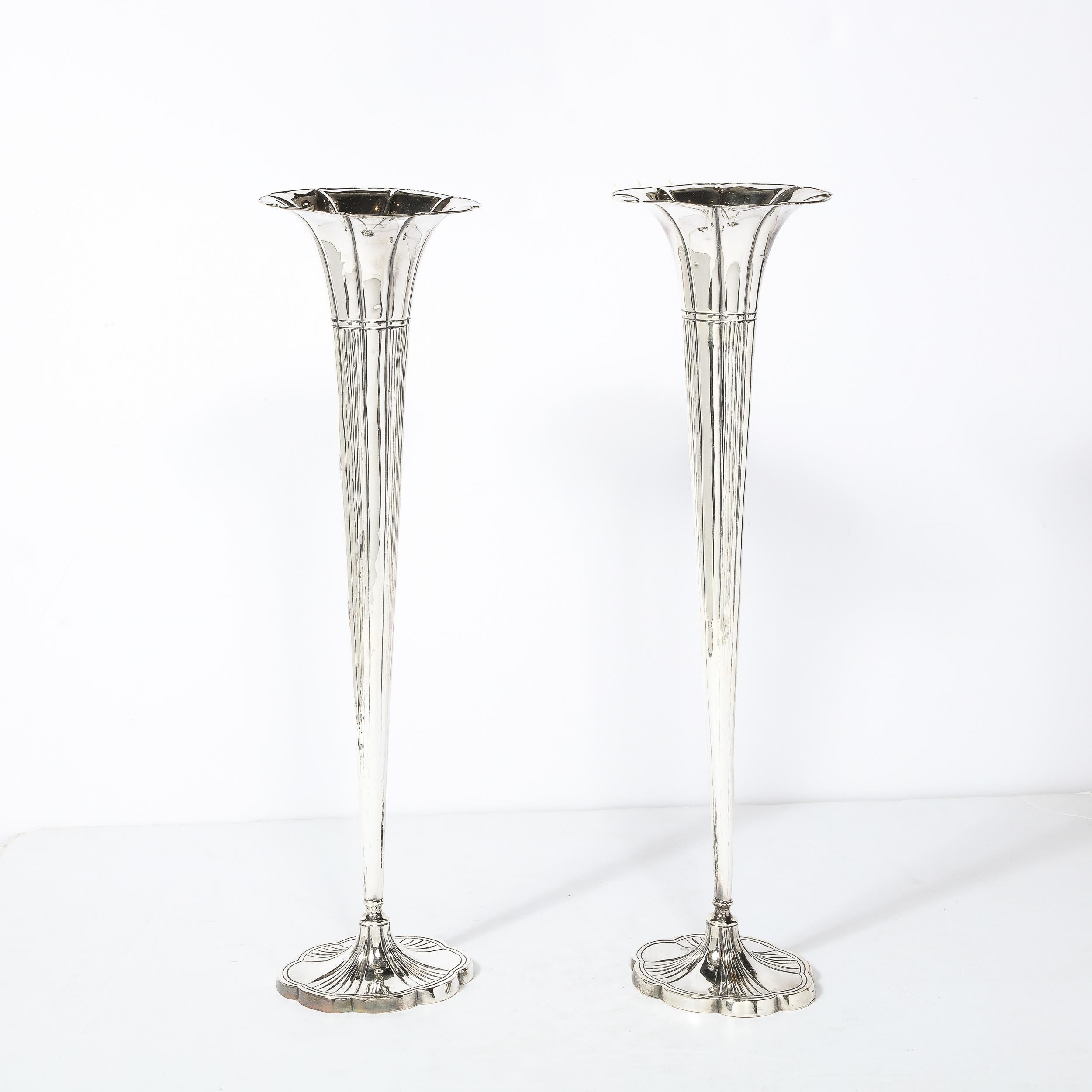 Pair of Art Deco Silver Plate Fluted Trumpet Vases  For Sale 3