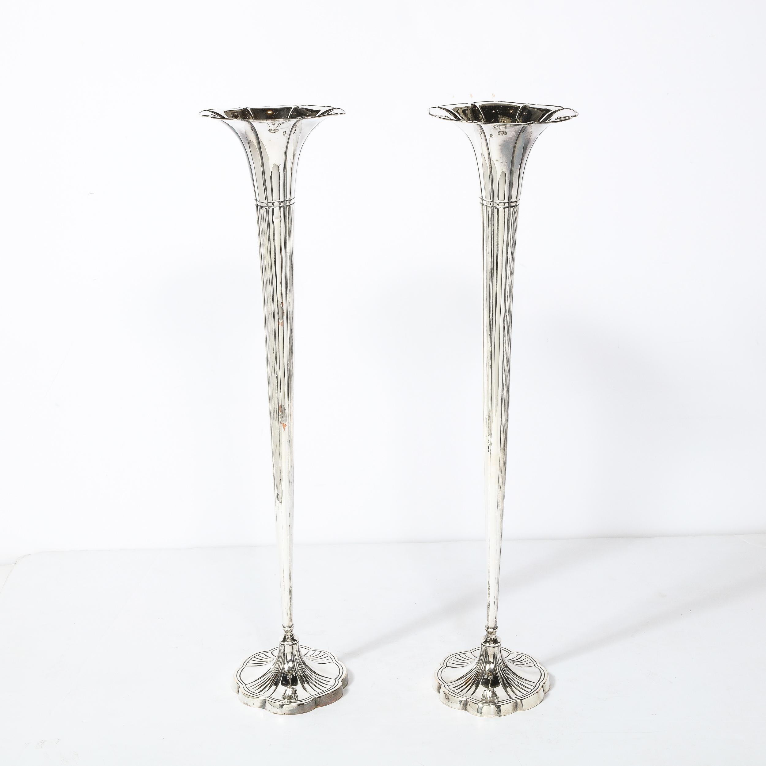 Pair of Art Deco Silver Plate Fluted Trumpet Vases  For Sale 4