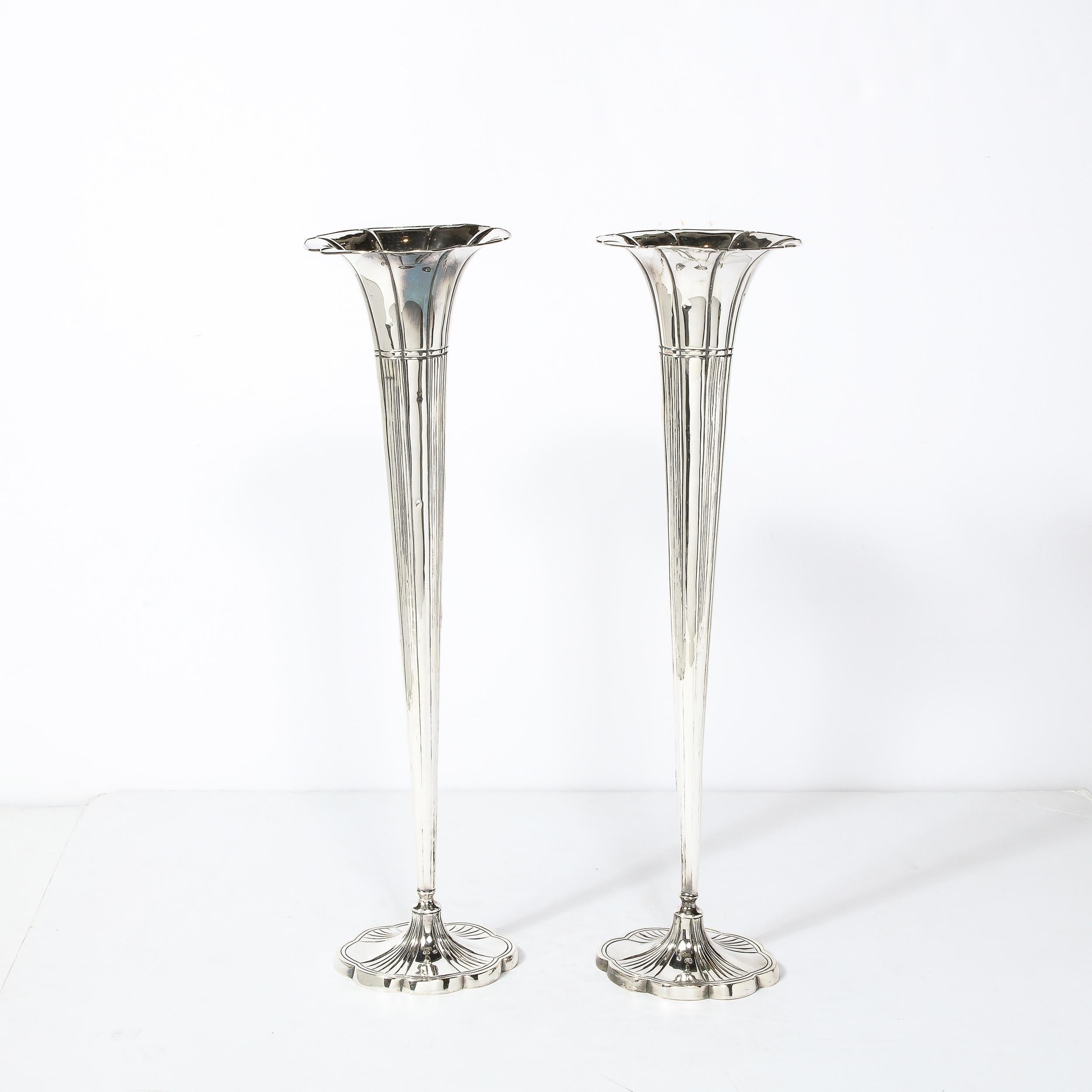 Pair of Art Deco Silver Plate Fluted Trumpet Vases  For Sale 5