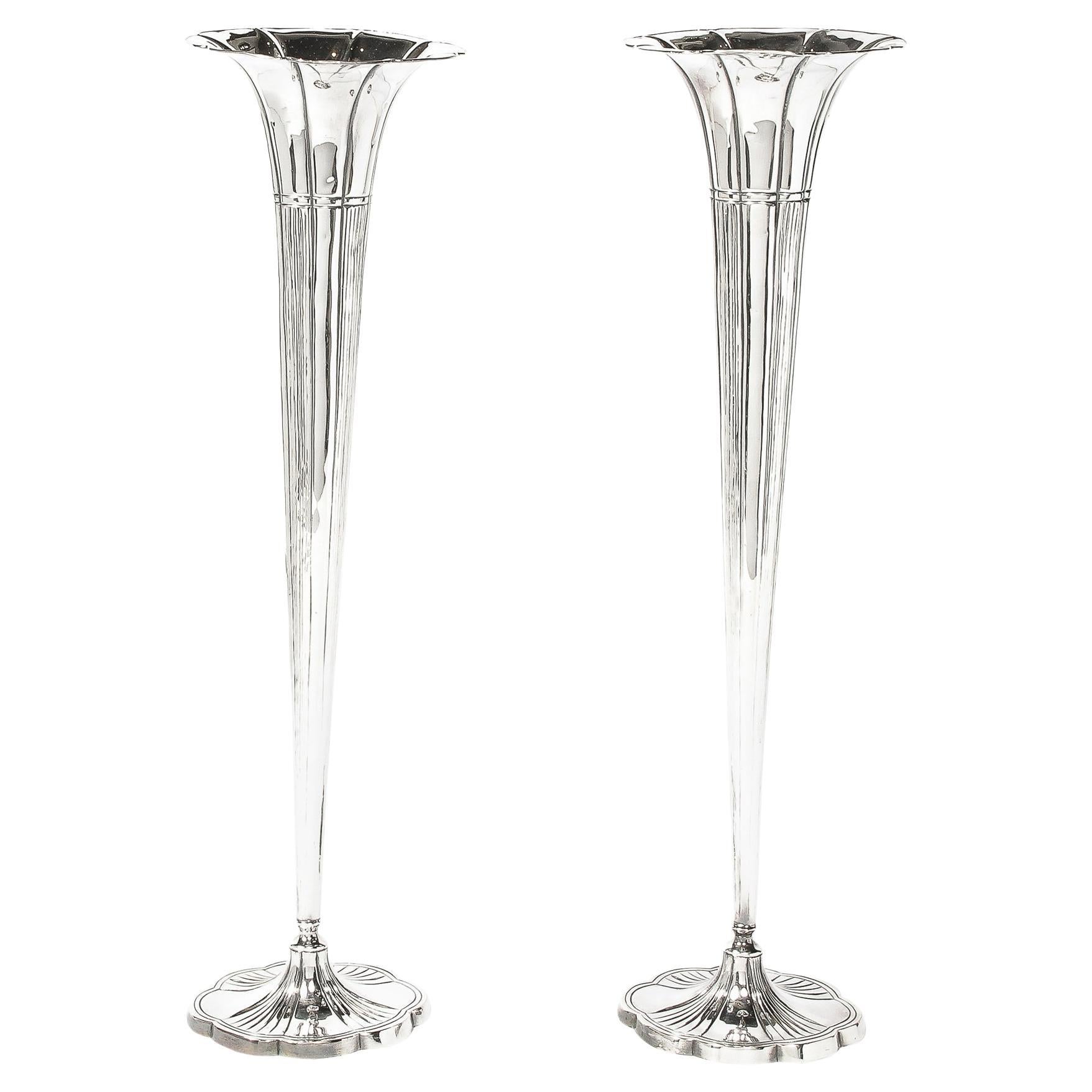Pair of Art Deco Silver Plate Fluted Trumpet Vases 