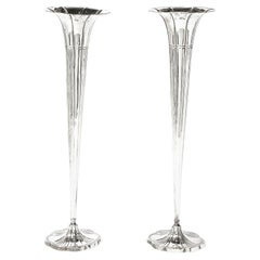 Pair of Art Deco Silver Plate Fluted Trumpet Vases 