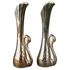 Vintage Pair of Art Deco Silver Plate Swan Bud Vases