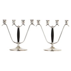 Pareja de Candelabros Art Decó de Madera y Plata con Cuatro Luces circa años 30