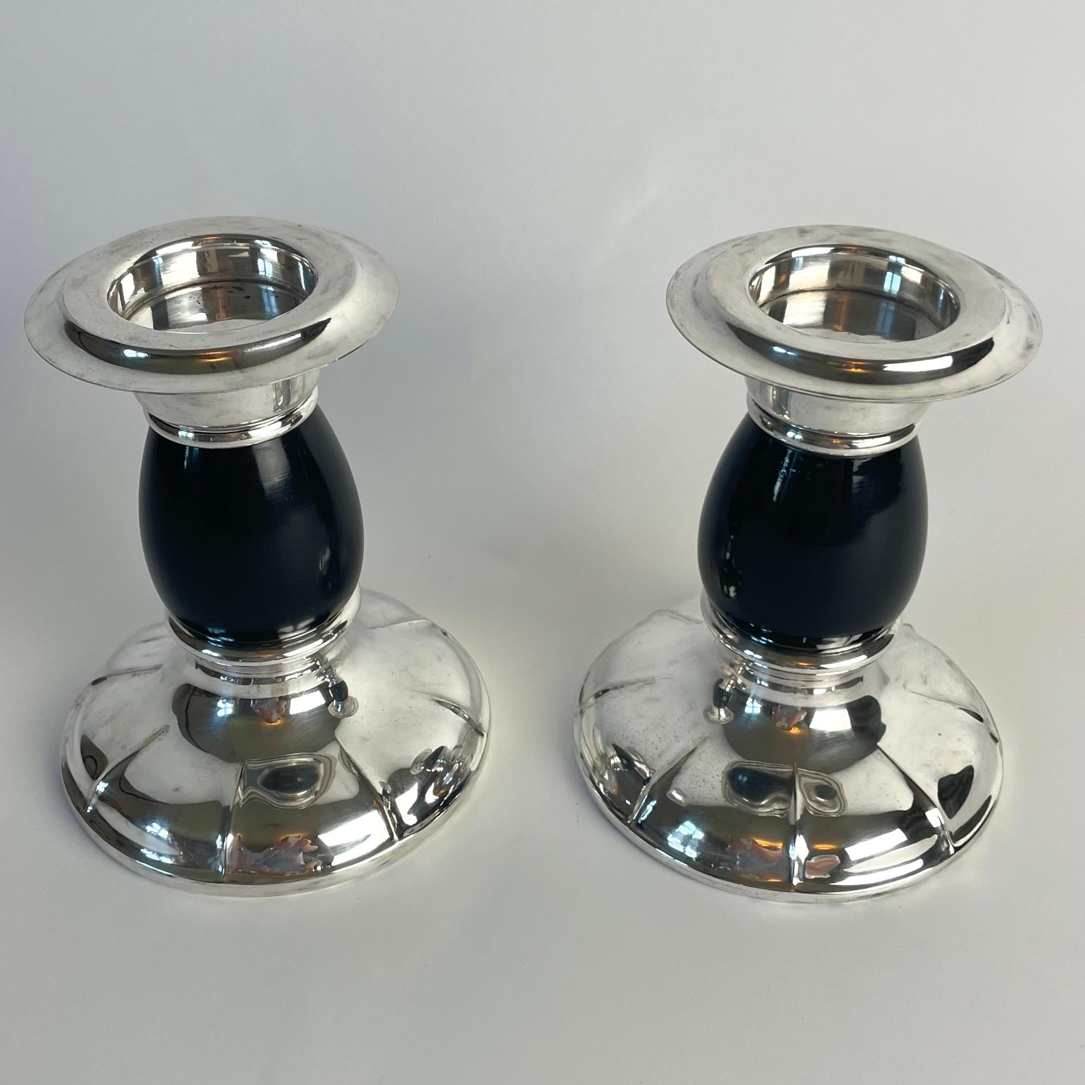 European Pair of Art Deco Silvered Brass Candlesticks with Blackened Birch, 1920s For Sale