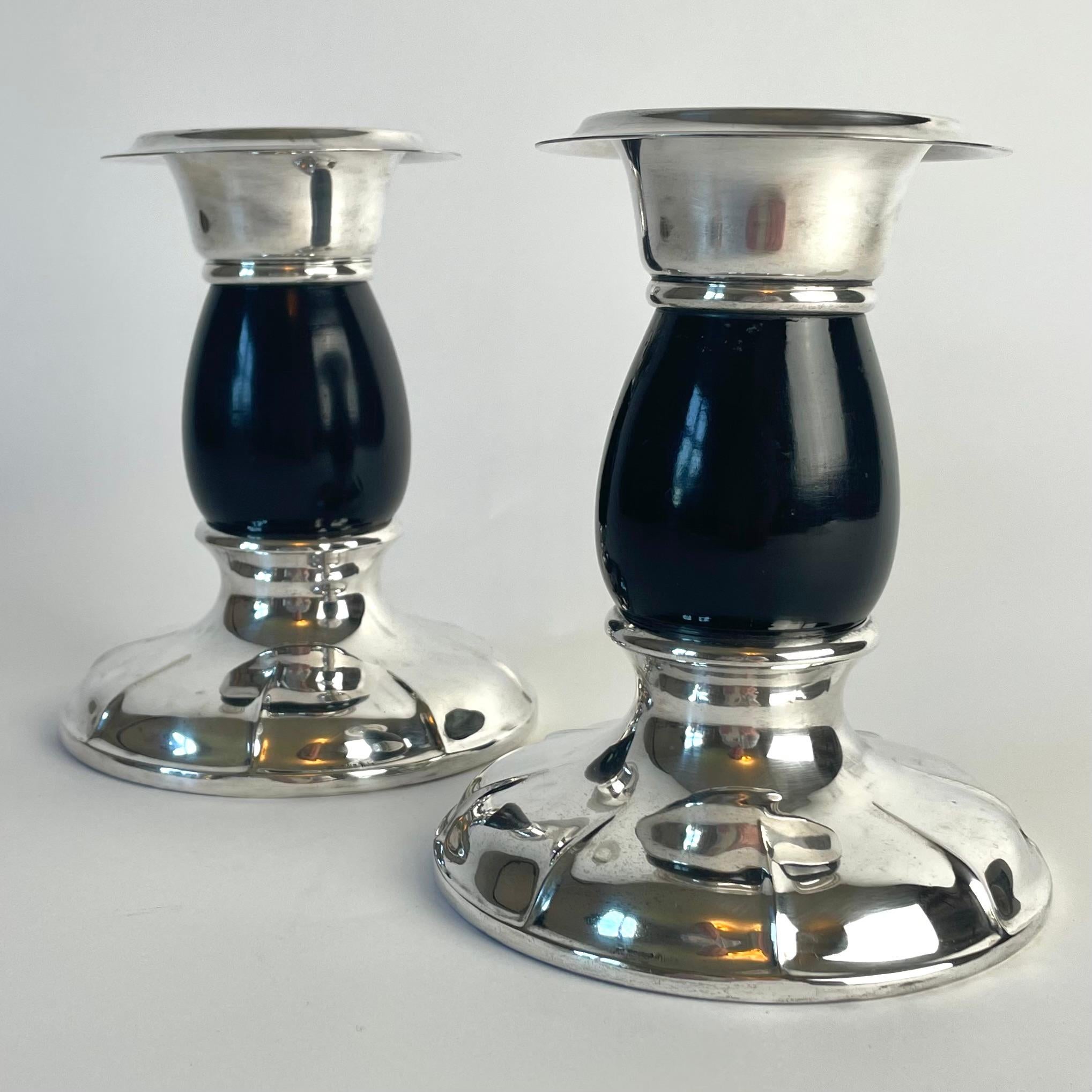 Pair of Art Deco Silvered Brass Candlesticks with Blackened Birch, 1920s In Good Condition For Sale In Knivsta, SE