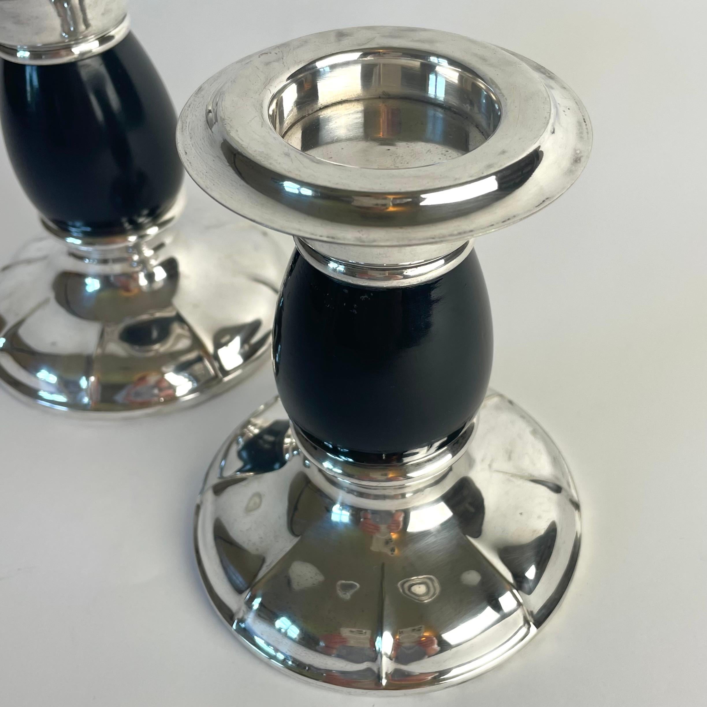 Early 20th Century Pair of Art Deco Silvered Brass Candlesticks with Blackened Birch, 1920s For Sale