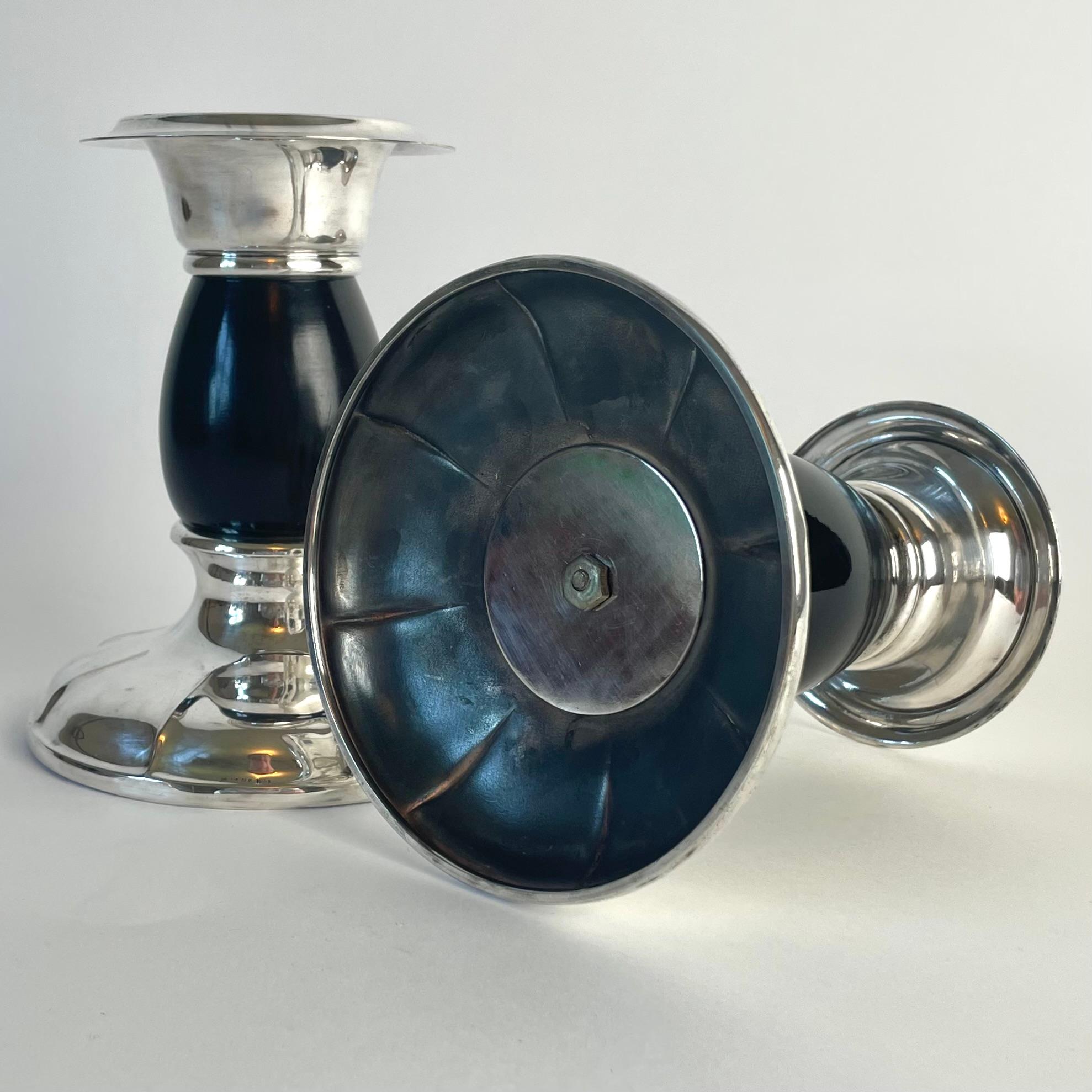 Pair of Art Deco Silvered Brass Candlesticks with Blackened Birch, 1920s For Sale 4