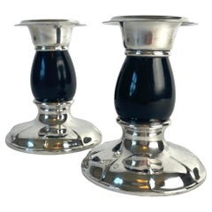 Pair of Art Deco Silvered Brass Candlesticks with Blackened Birch, 1920s
