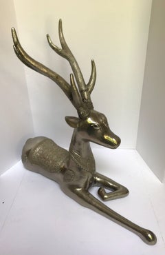 Pair of Art Deco Silvered Bronze Deer Statues Sculptures