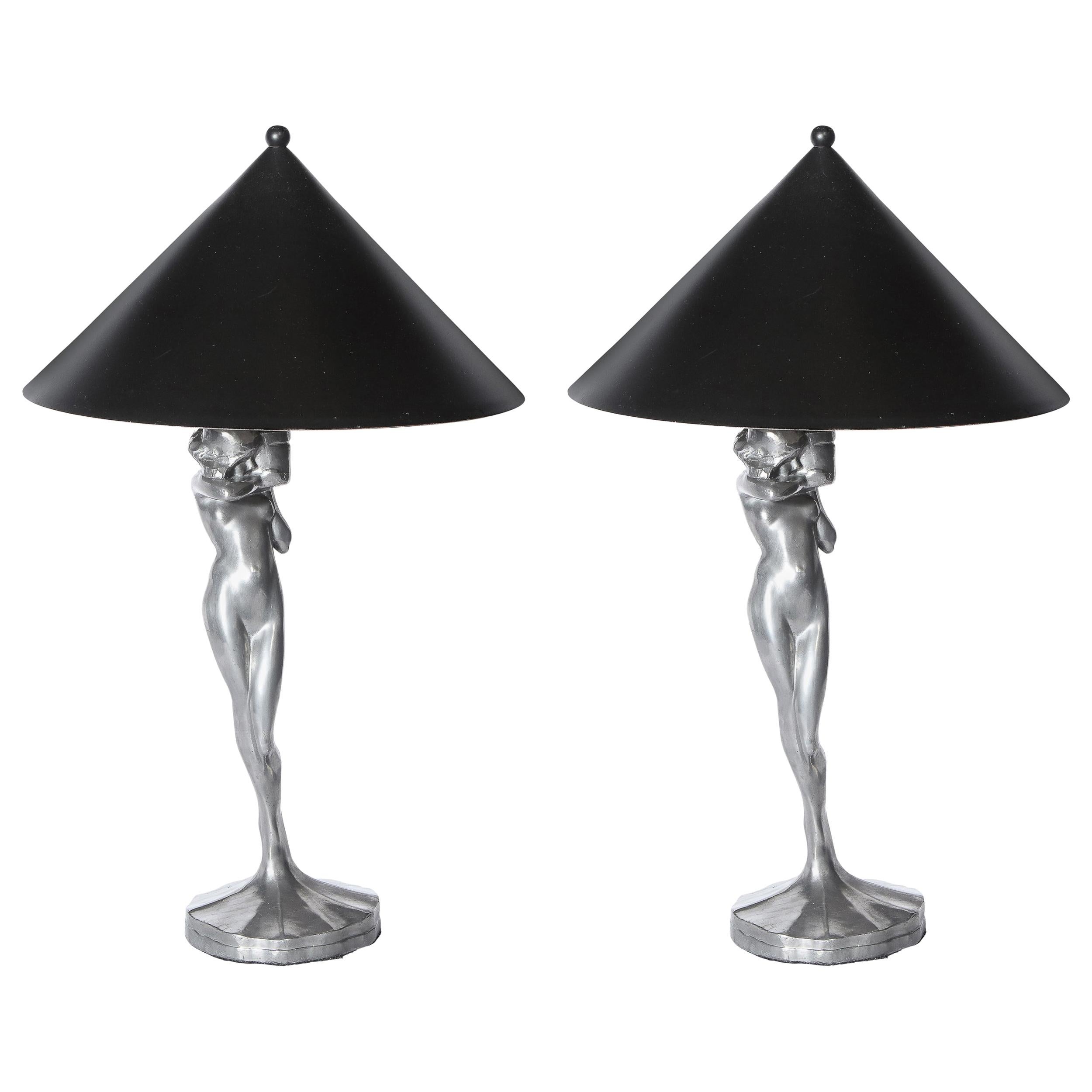 Pair of Art Deco Silvered Bronze Stylized Female Table Lamps by Frankart