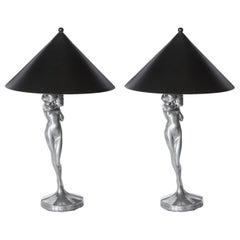 Antique Pair of Art Deco Silvered Bronze Stylized Female Table Lamps by Frankart