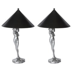 Pair of Art Deco Silvered Bronze Stylized Female Table Lamps by Frankart