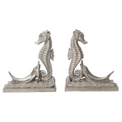 Pair of Art Deco Silvered Metal Seahorse Bookends