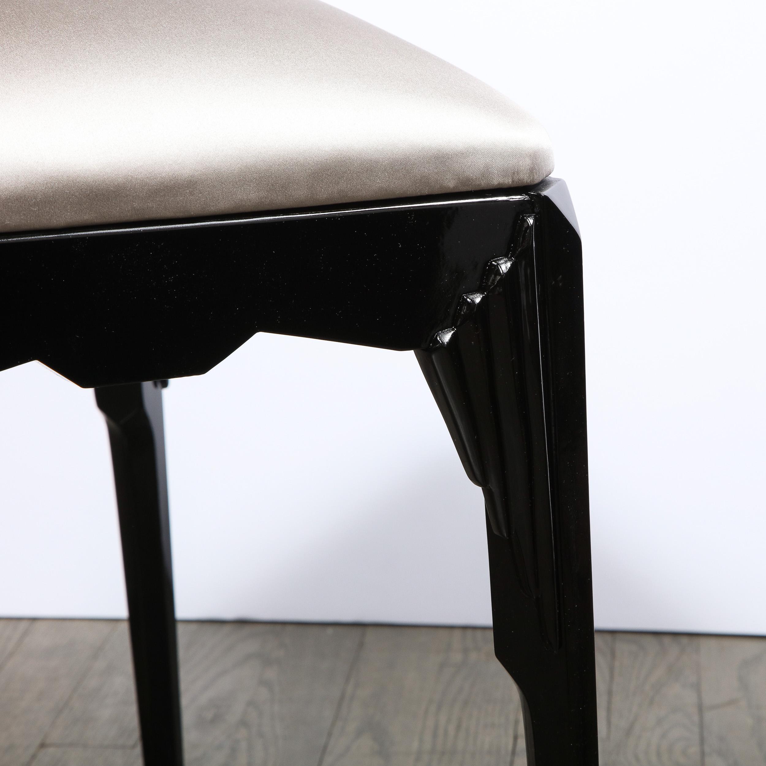 Pair of Art Deco Skyscraper Style Black Lacquer Stools in White Gold Silk 5