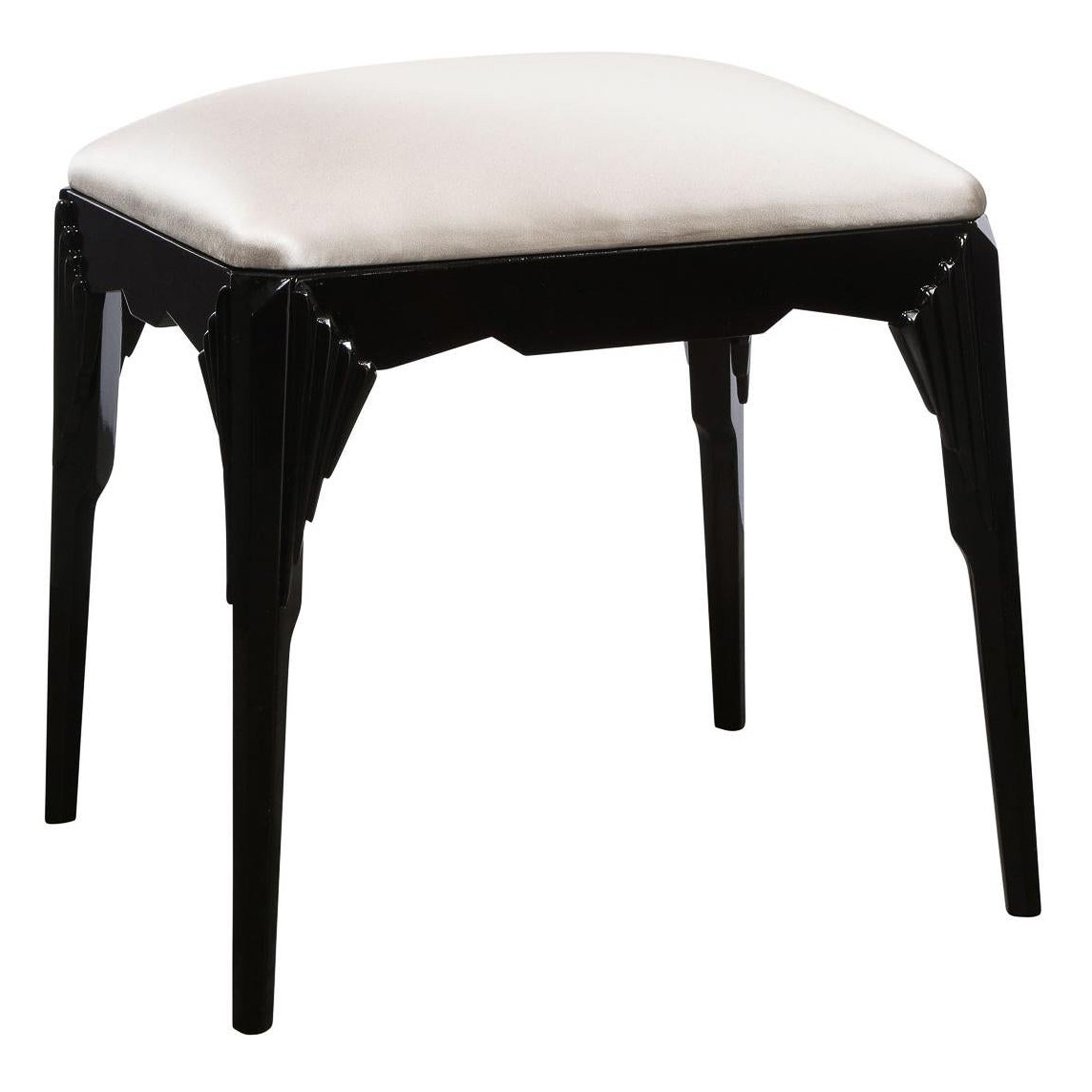 This stunning pair of Art Deco Skyscraper style benches were realized in the United States circa 1935. They feature subtly splayed legs with cubist skyscraper style detailing- composed of adjoining tiered and staggered geometric forms- at each