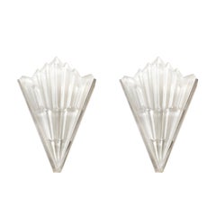 Pair of Art Deco Skyscraper Style Frosted Glass Sconces W/ Brushed Nickel Frames