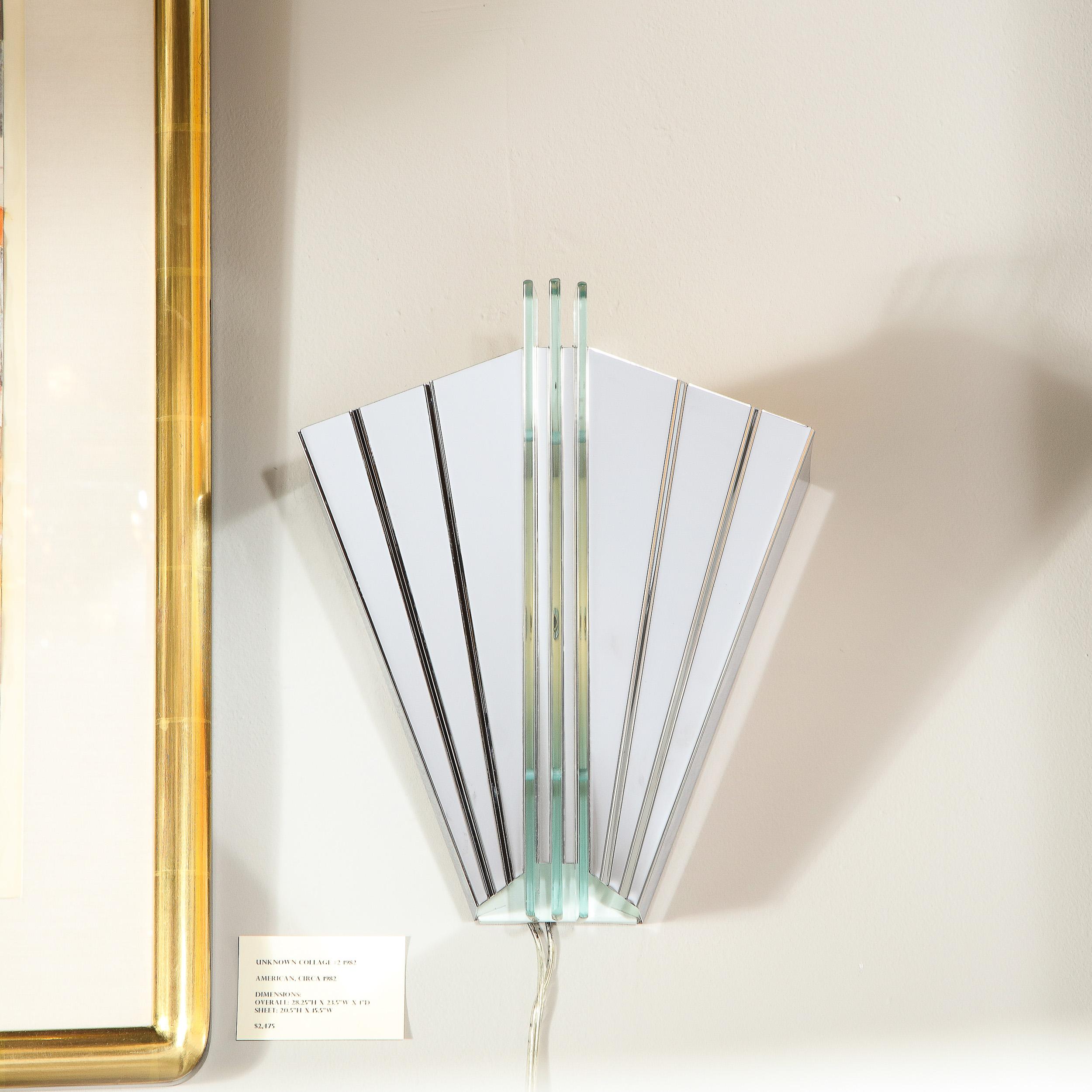 American Pair of Art Deco Skyscraper Style Polished Chrome & Glass Fan Sconces