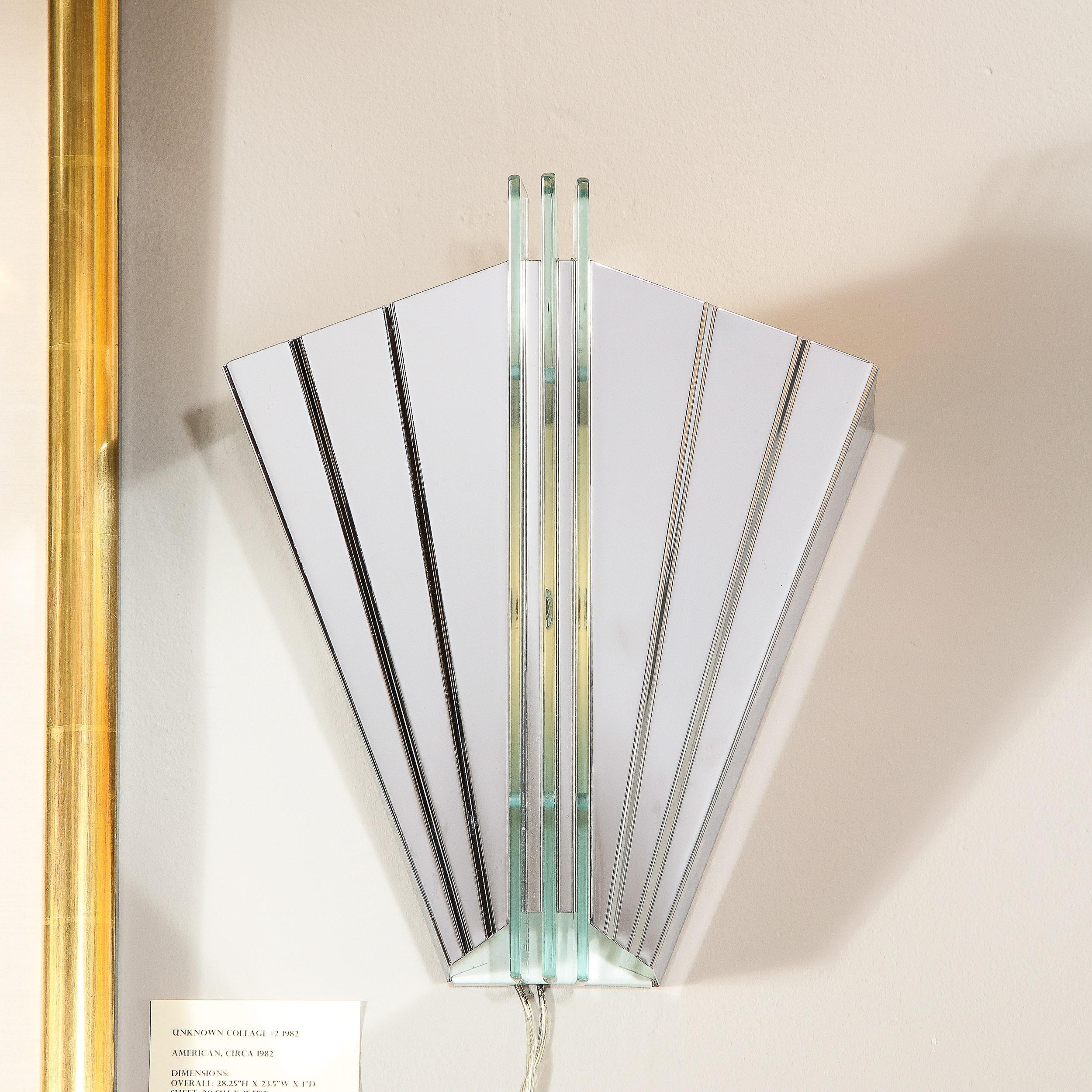Late 20th Century Pair of Art Deco Skyscraper Style Polished Chrome & Glass Fan Sconces