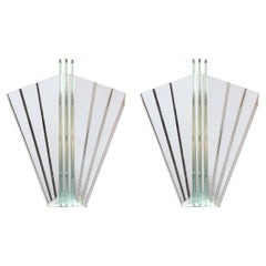 Retro Pair of Art Deco Skyscraper Style Polished Chrome & Glass Fan Sconces