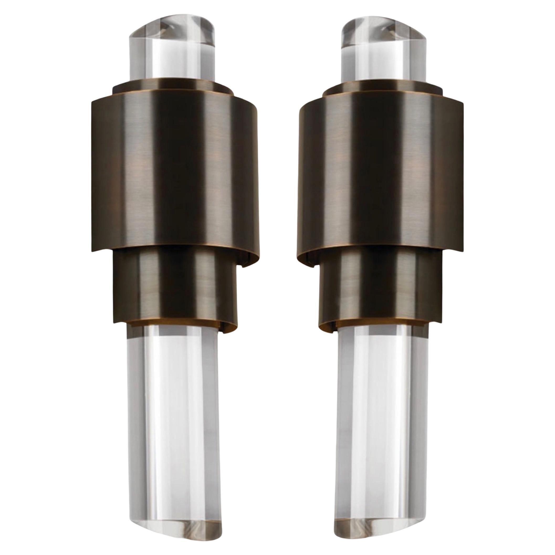 Pair of Art Deco Skyscraper Style Sconces in Bronze and Lucite by Bella Figura