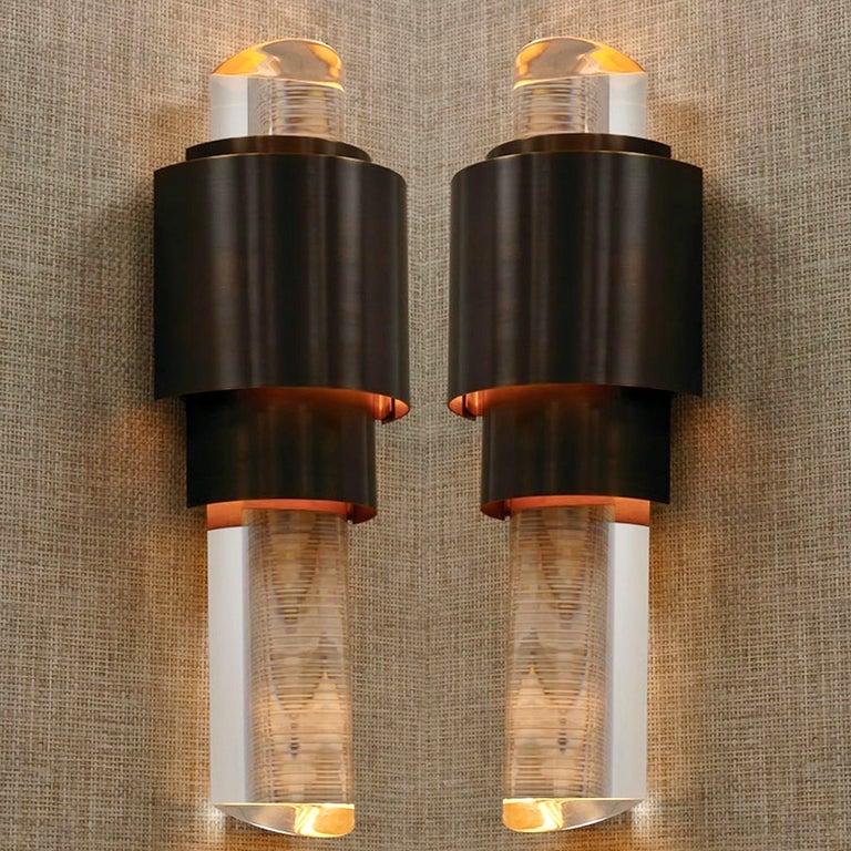 Pair of Art Deco Skyscraper Style Sconces in Patina Bronze and Lucite 3