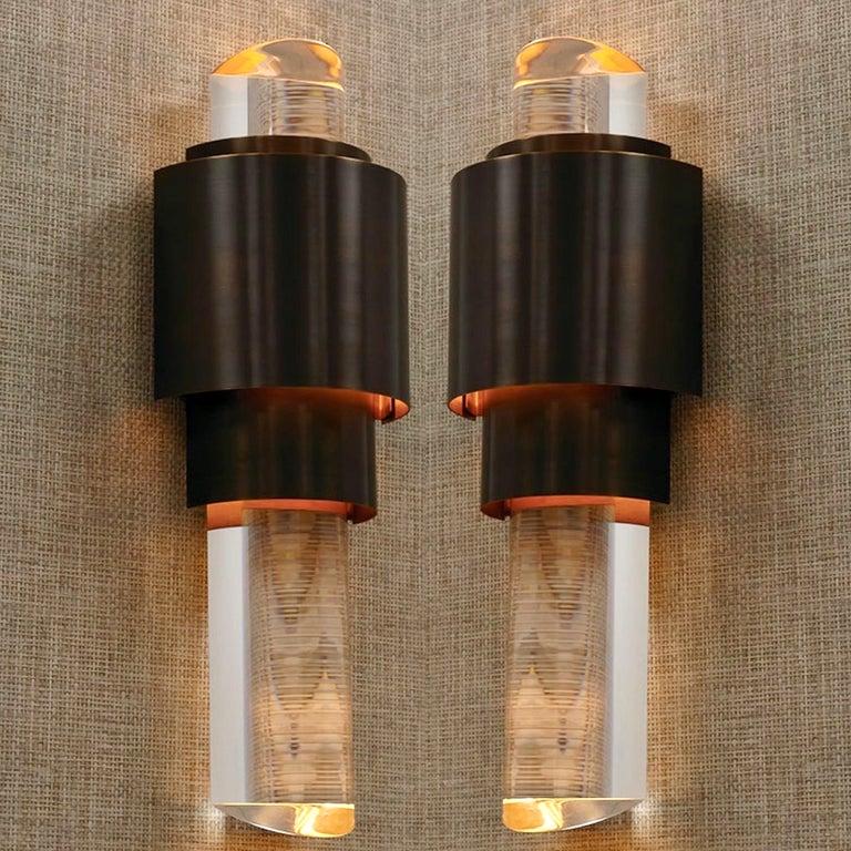Pair of Art Deco Skyscraper Style Sconces in Patina Bronze and Lucite  For Sale 3