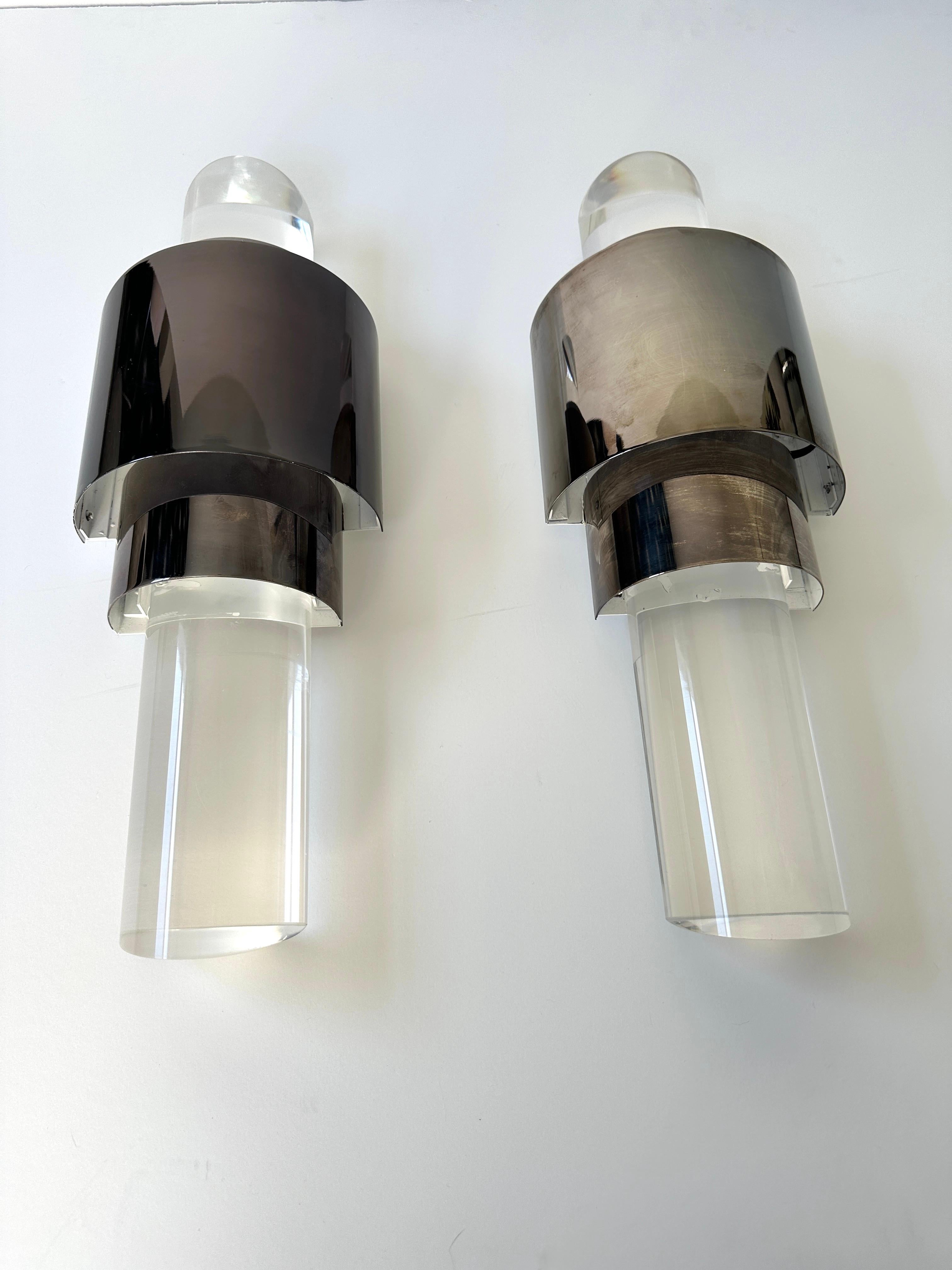 British Pair of Art Deco Skyscraper Style Sconces in Patina Bronze and Lucite