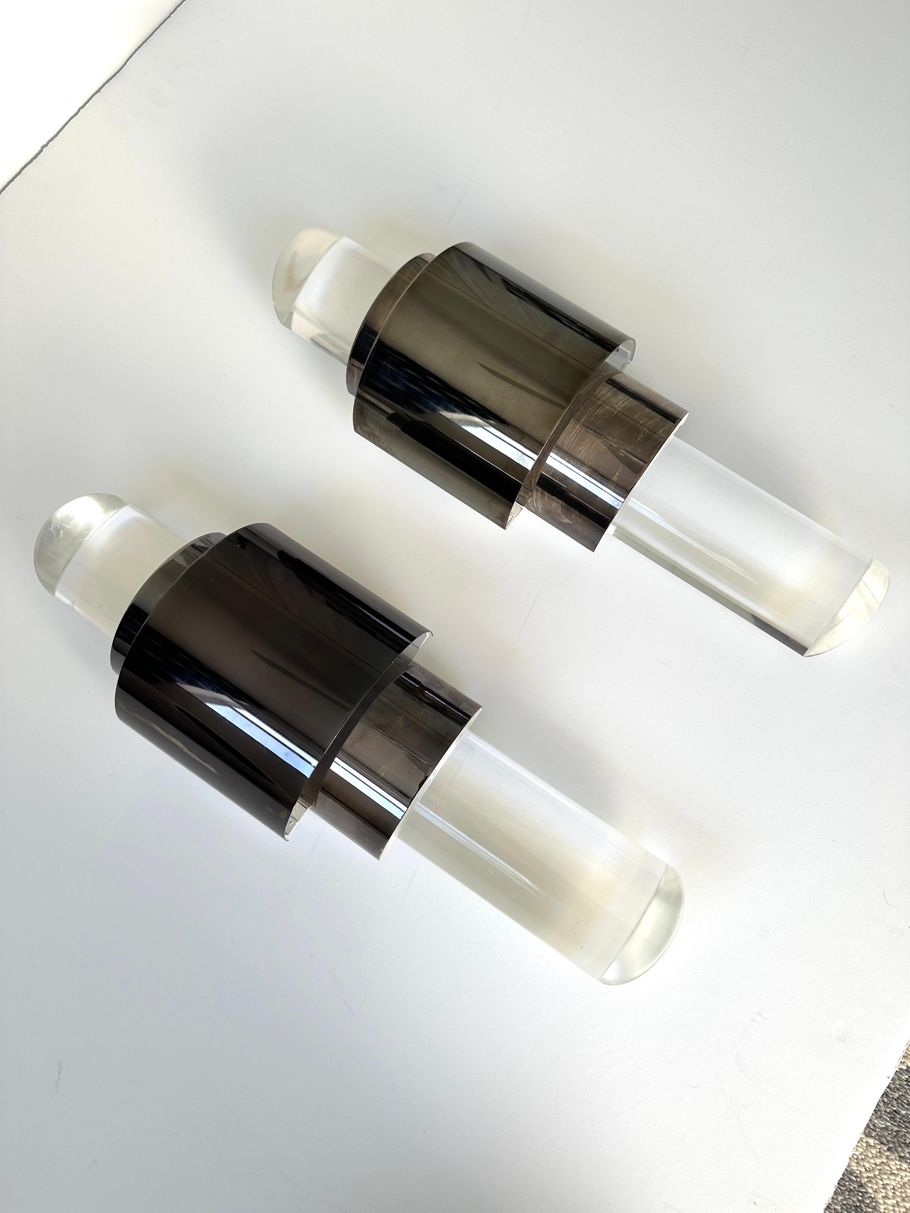 Hand-Crafted Pair of Art Deco Skyscraper Style Sconces in Patina Bronze and Lucite