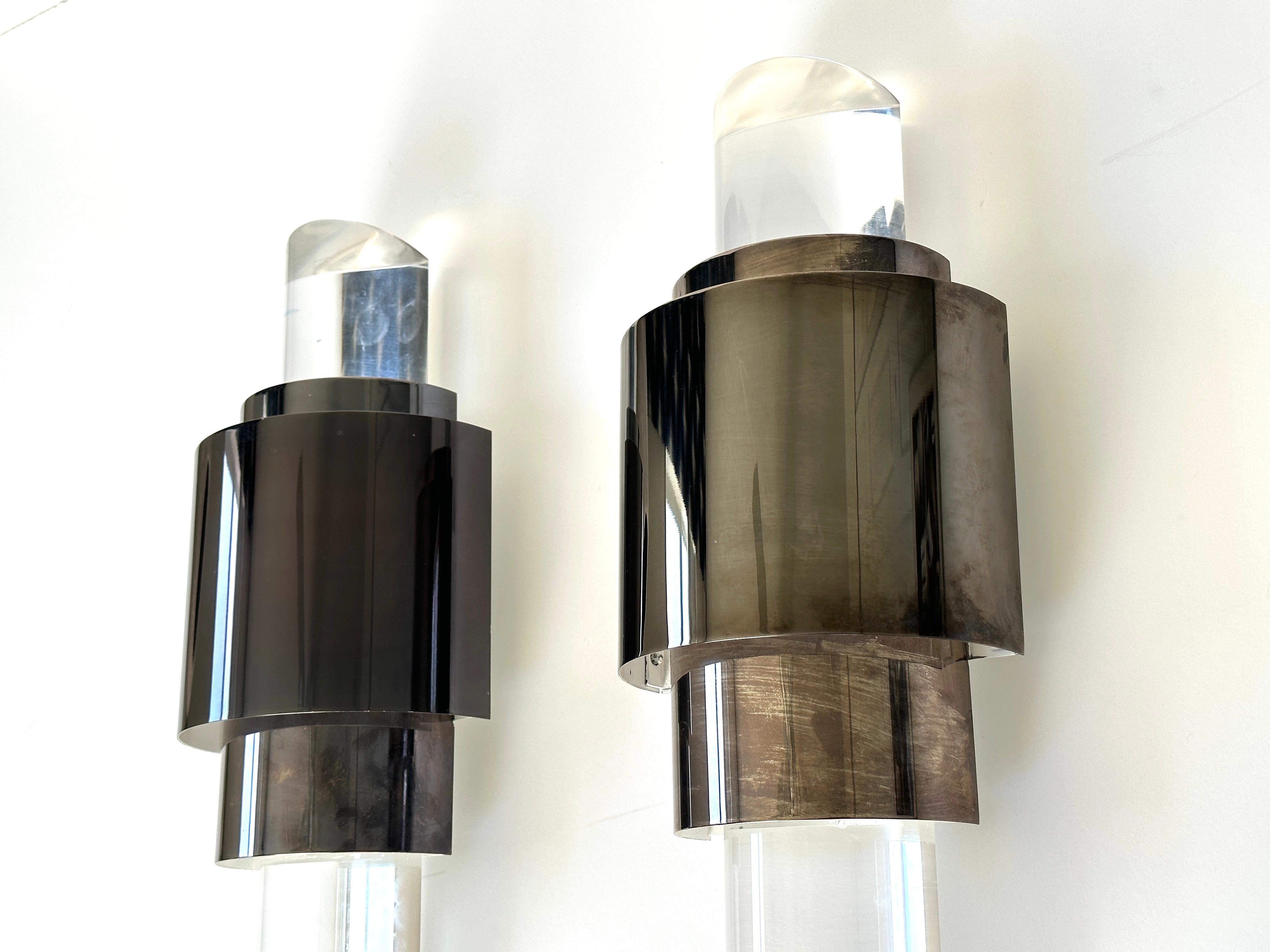 Metal Pair of Art Deco Skyscraper Style Sconces in Patina Bronze and Lucite