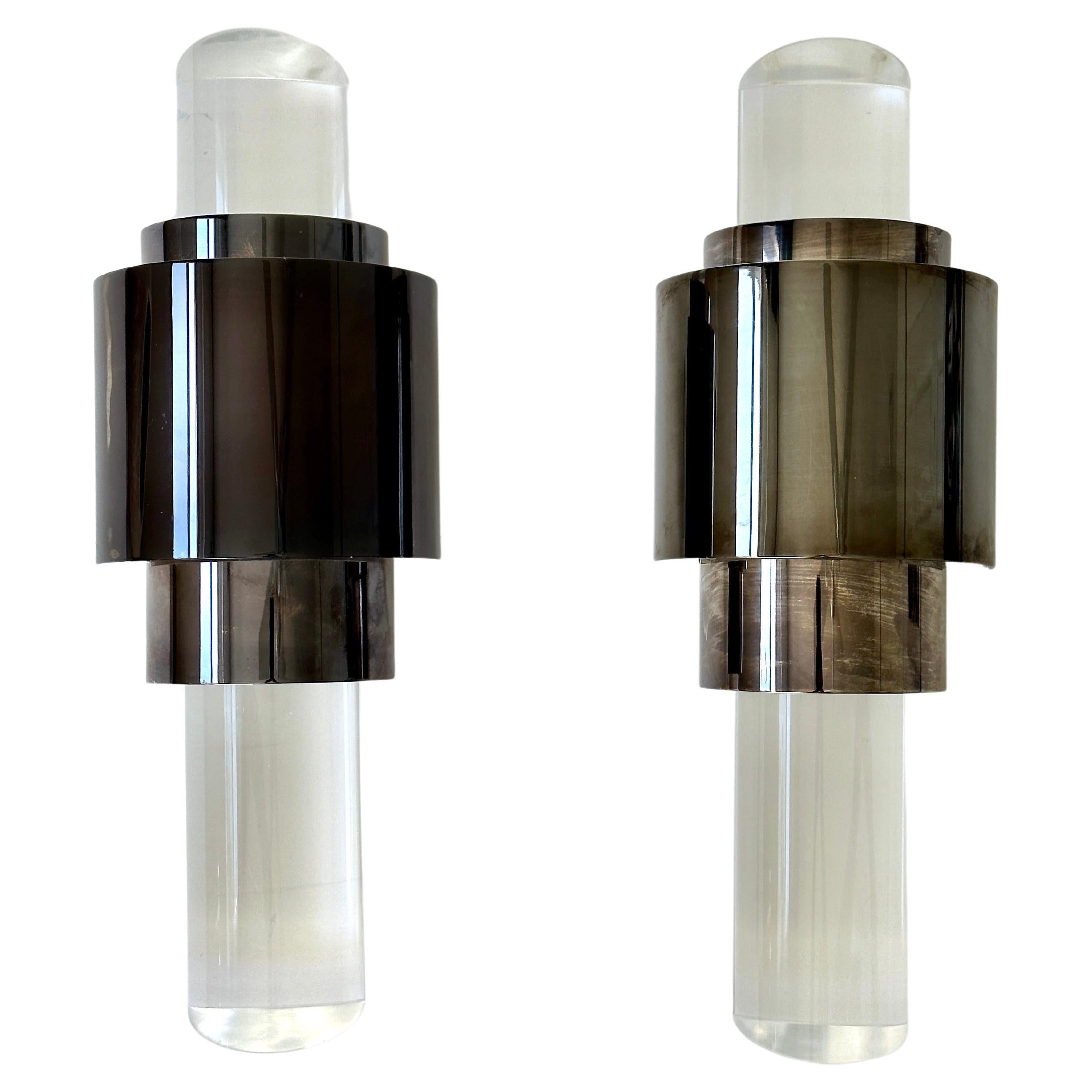 Pair of Art Deco Skyscraper Style Sconces in Patina Bronze and Lucite 