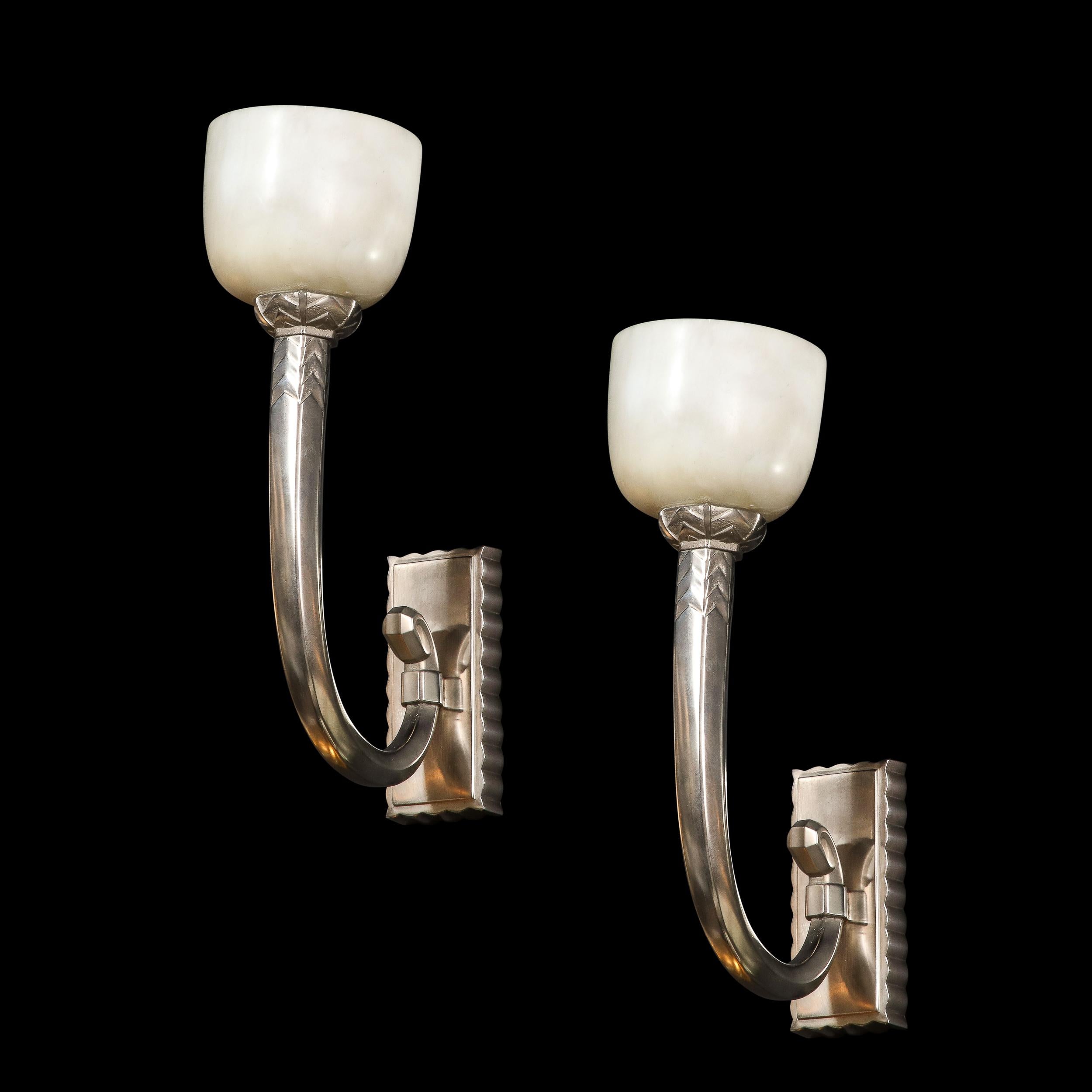 Mid-20th Century Pair of Art Deco Skyscraper Style Silvered Bronze and Alabaster Sconces