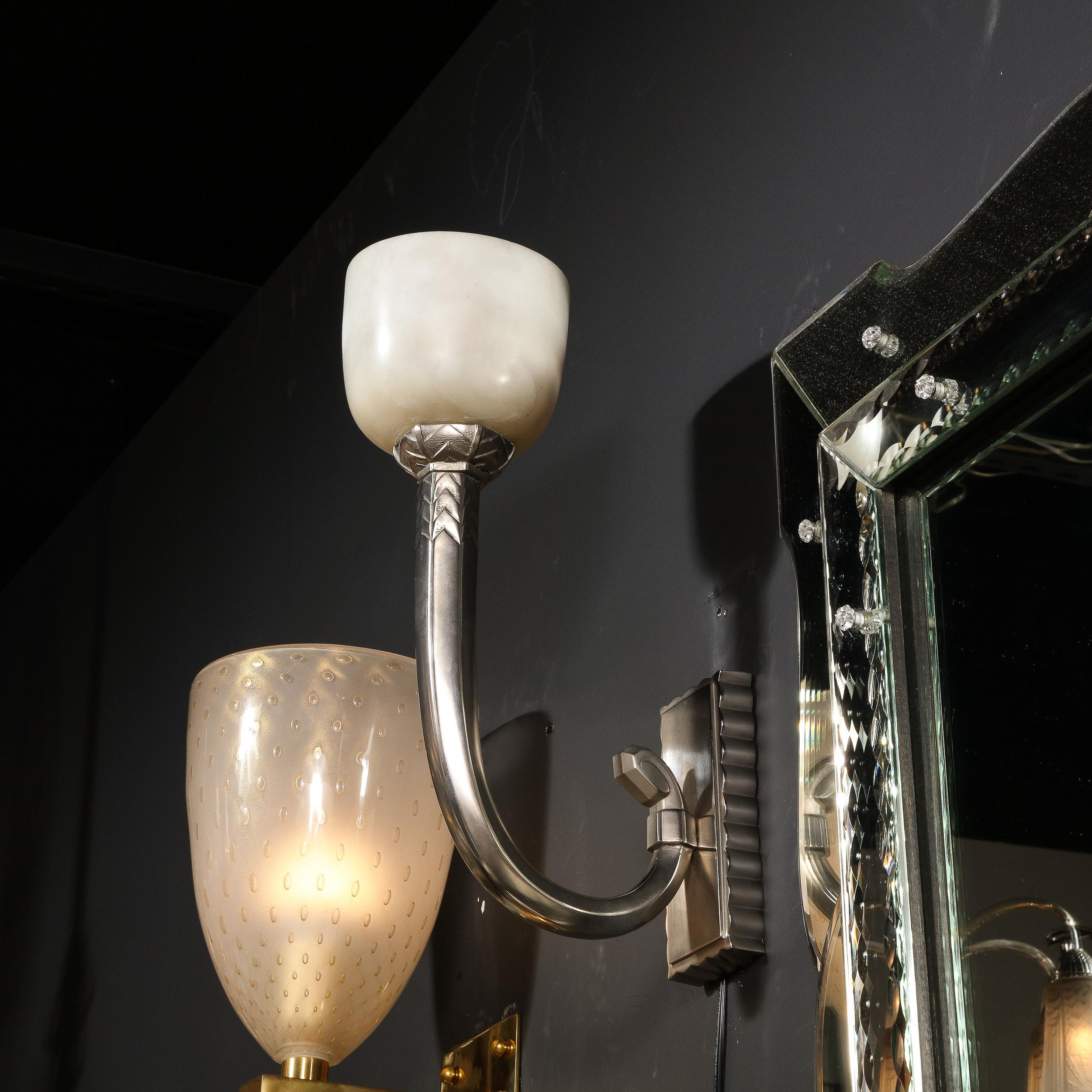 Pair of Art Deco Skyscraper Style Silvered Bronze and Alabaster Sconces 1