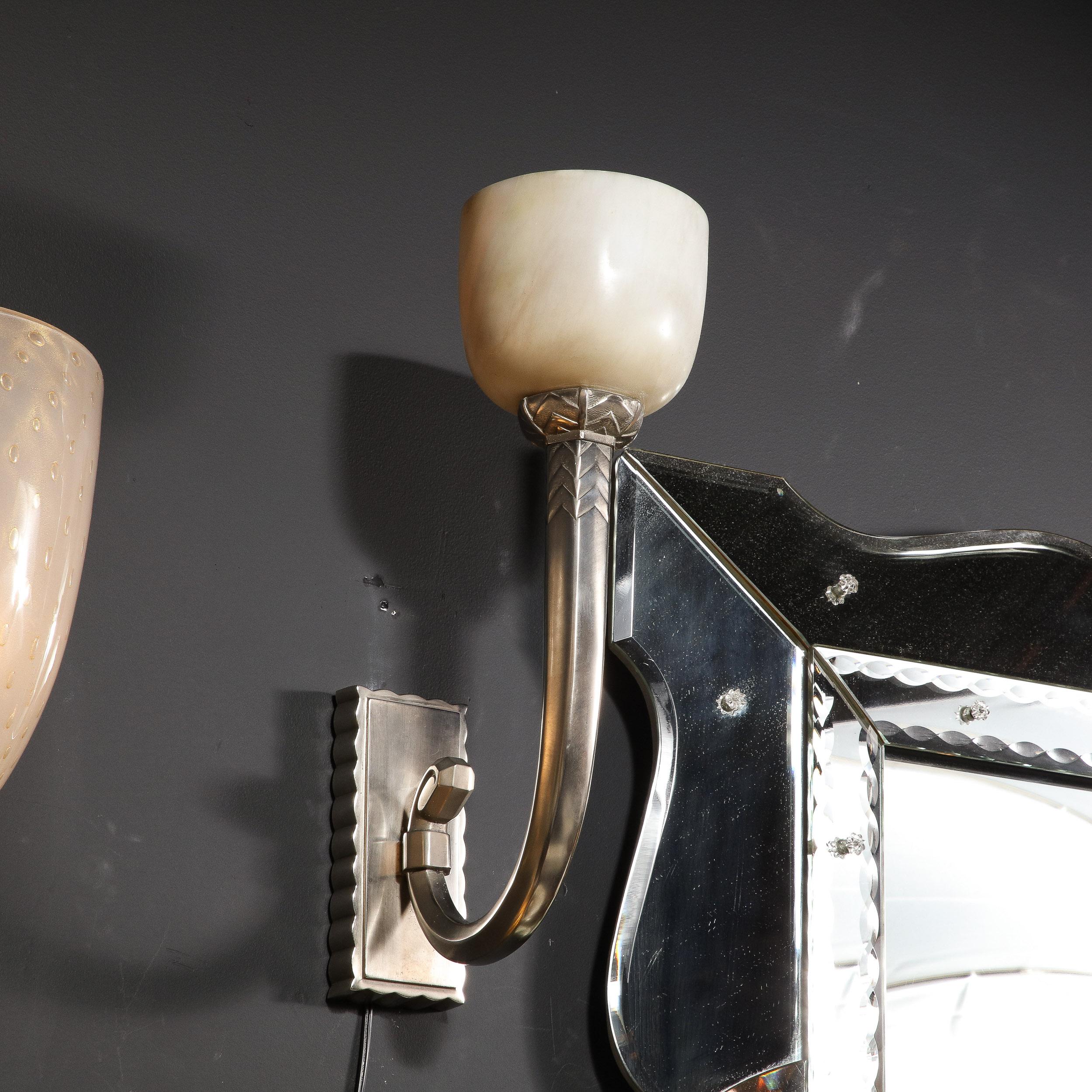 Pair of Art Deco Skyscraper Style Silvered Bronze and Alabaster Sconces 3