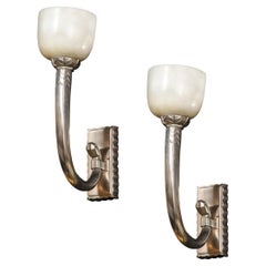 Pair of Art Deco Skyscraper Style Silvered Bronze and Alabaster Sconces