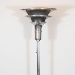 Pair of Art Deco Skyscraper Style Streamlined Chrome and Black Enamel Torchieres