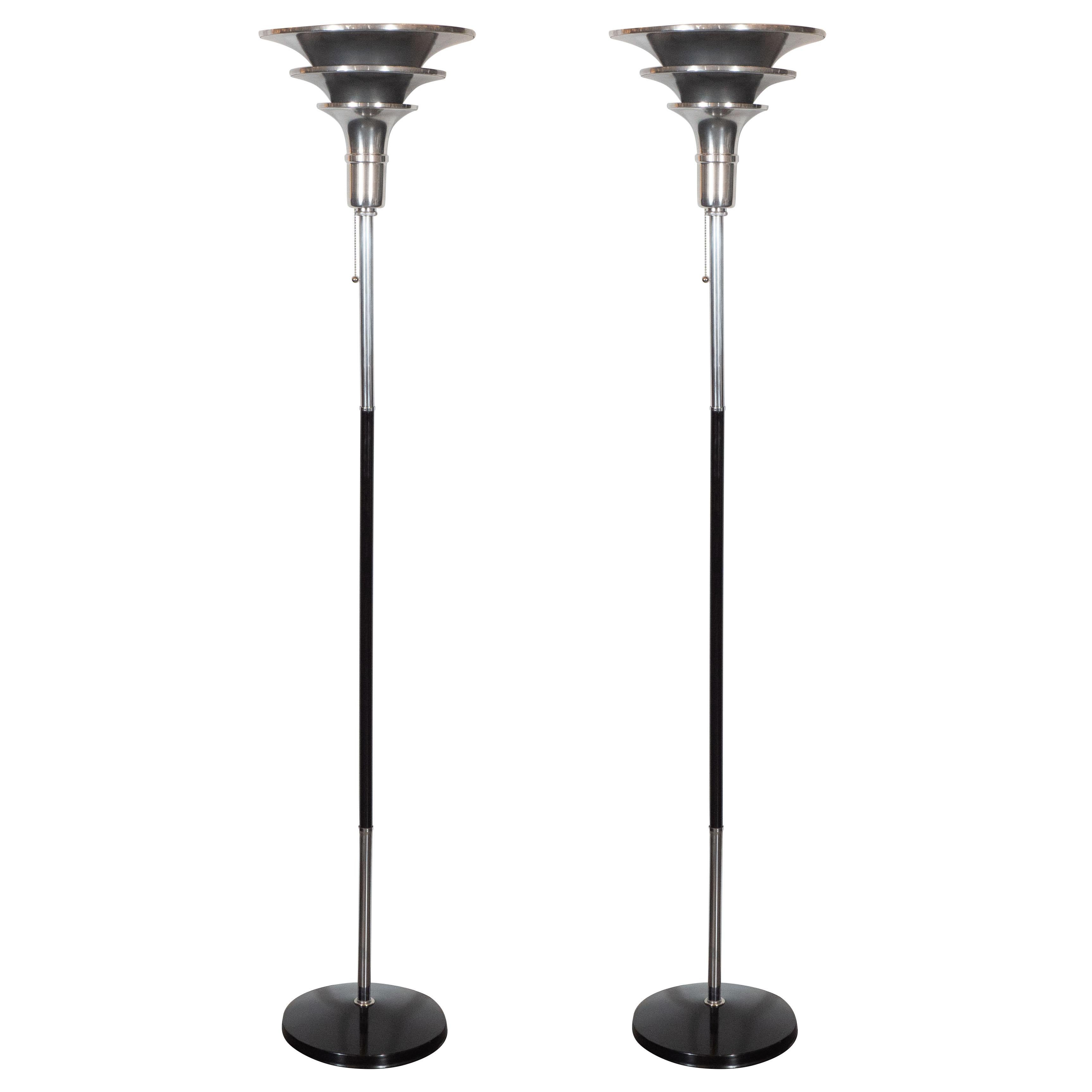 Pair of Art Deco Skyscraper Style Streamlined Chrome and Black Enamel Torchieres 1