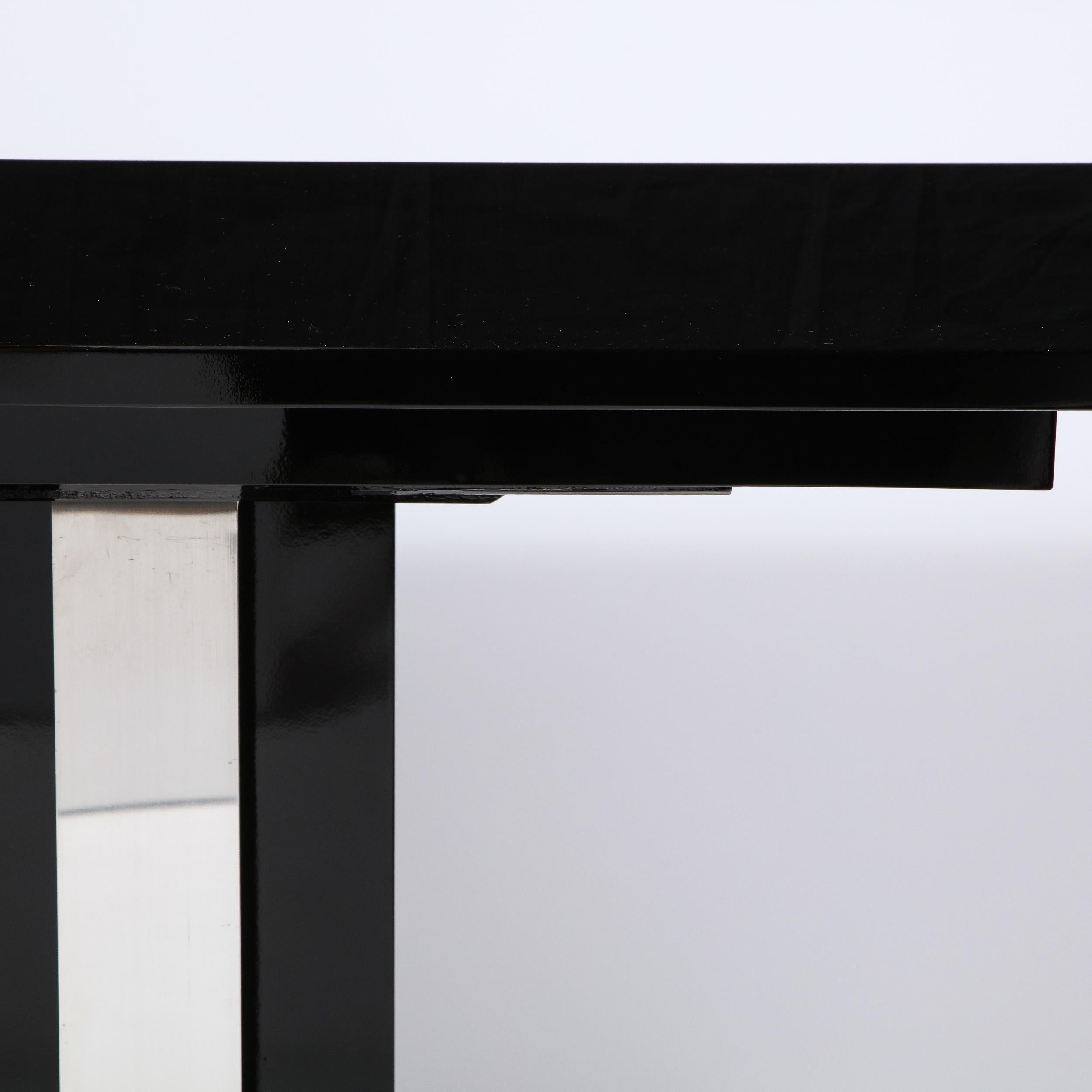 American Pair of Art Deco Skyscraper Style Streamlined Lacquer & Chrome Console Tables