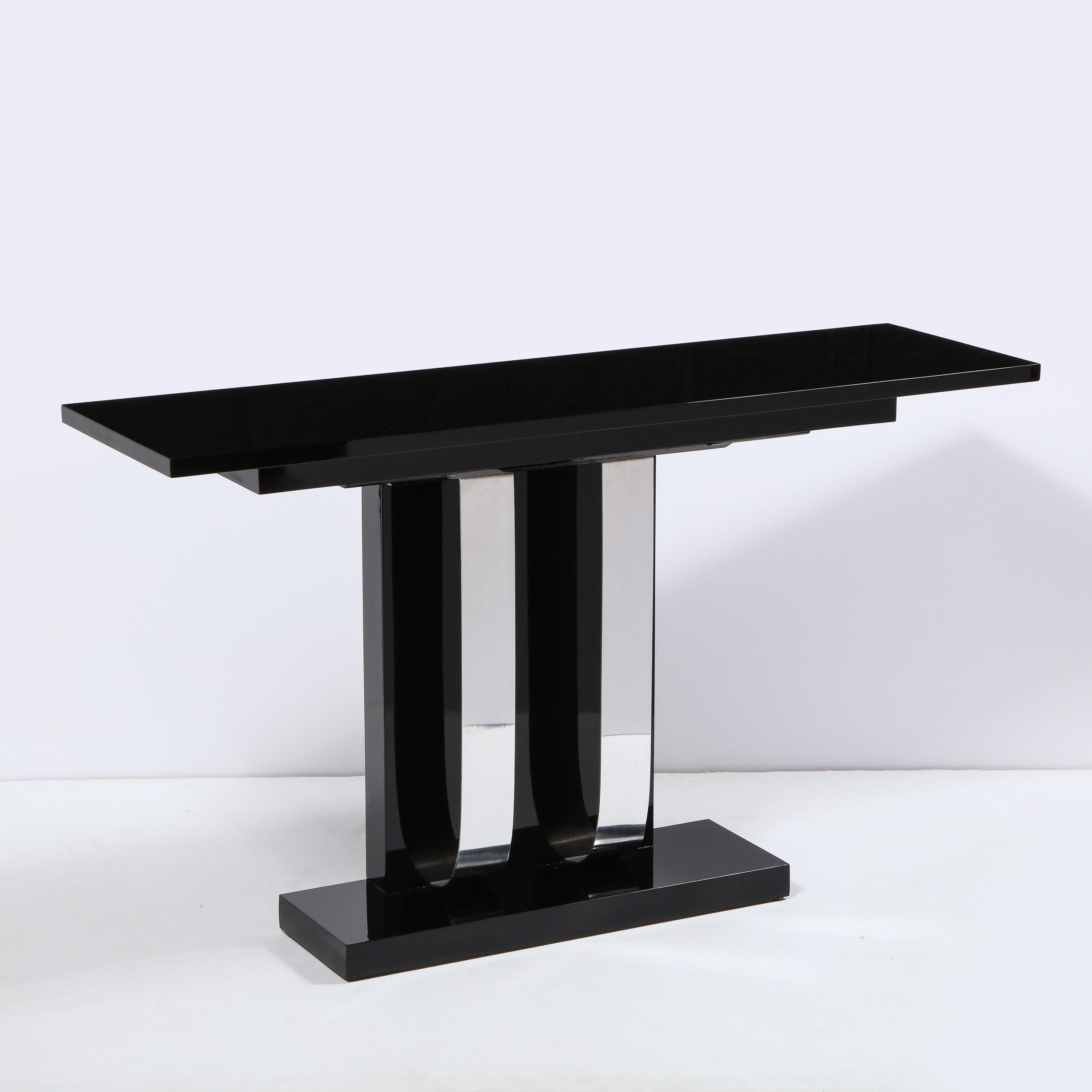 Pair of Art Deco Skyscraper Style Streamlined Lacquer & Chrome Console Tables In Excellent Condition In New York, NY