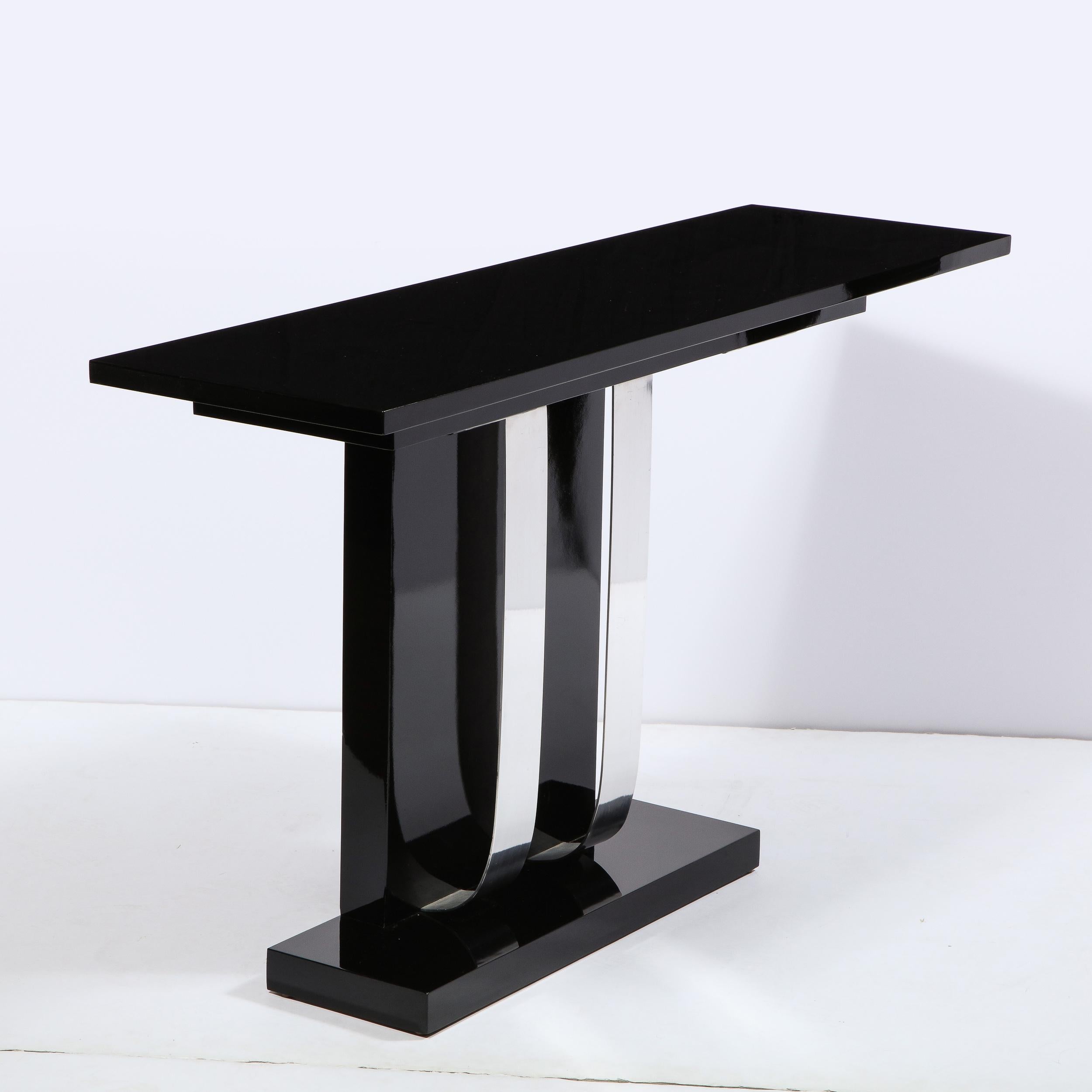 Mid-20th Century Pair of Art Deco Skyscraper Style Streamlined Lacquer & Chrome Console Tables