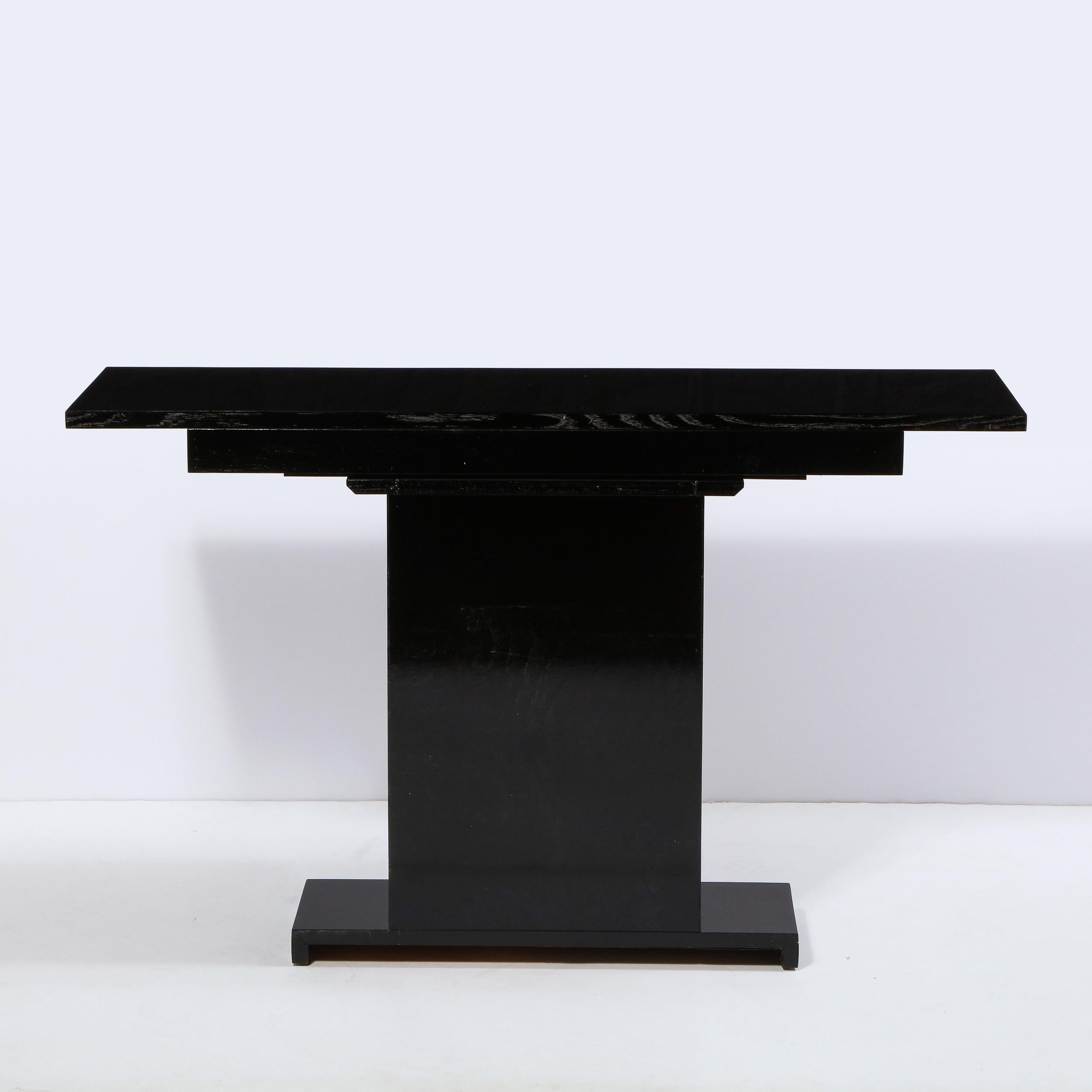 Pair of Art Deco Skyscraper Style Streamlined Lacquer & Chrome Console Tables 2