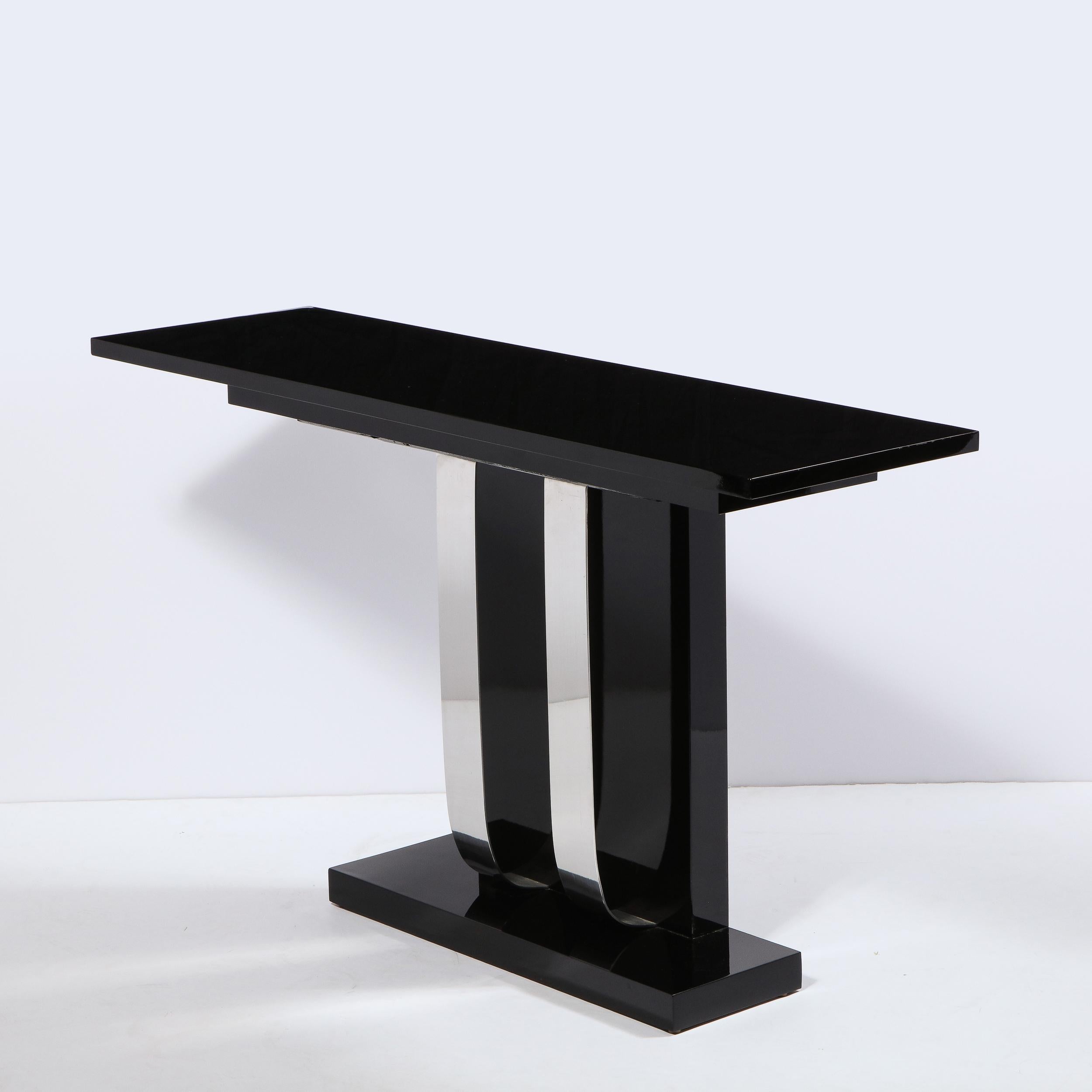 Pair of Art Deco Skyscraper Style Streamlined Lacquer & Chrome Console Tables 3