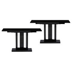 Pair of Art Deco Skyscraper Style Streamlined Lacquer & Chrome Console Tables