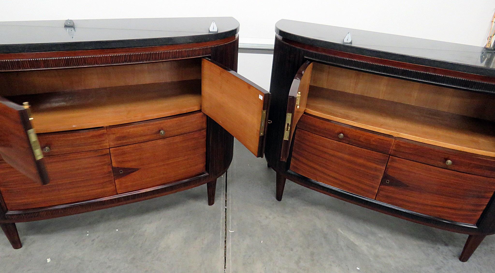 Fruitwood Pair of Art Deco Marble Top Demilune Commodes Servers Buffets Sideboards