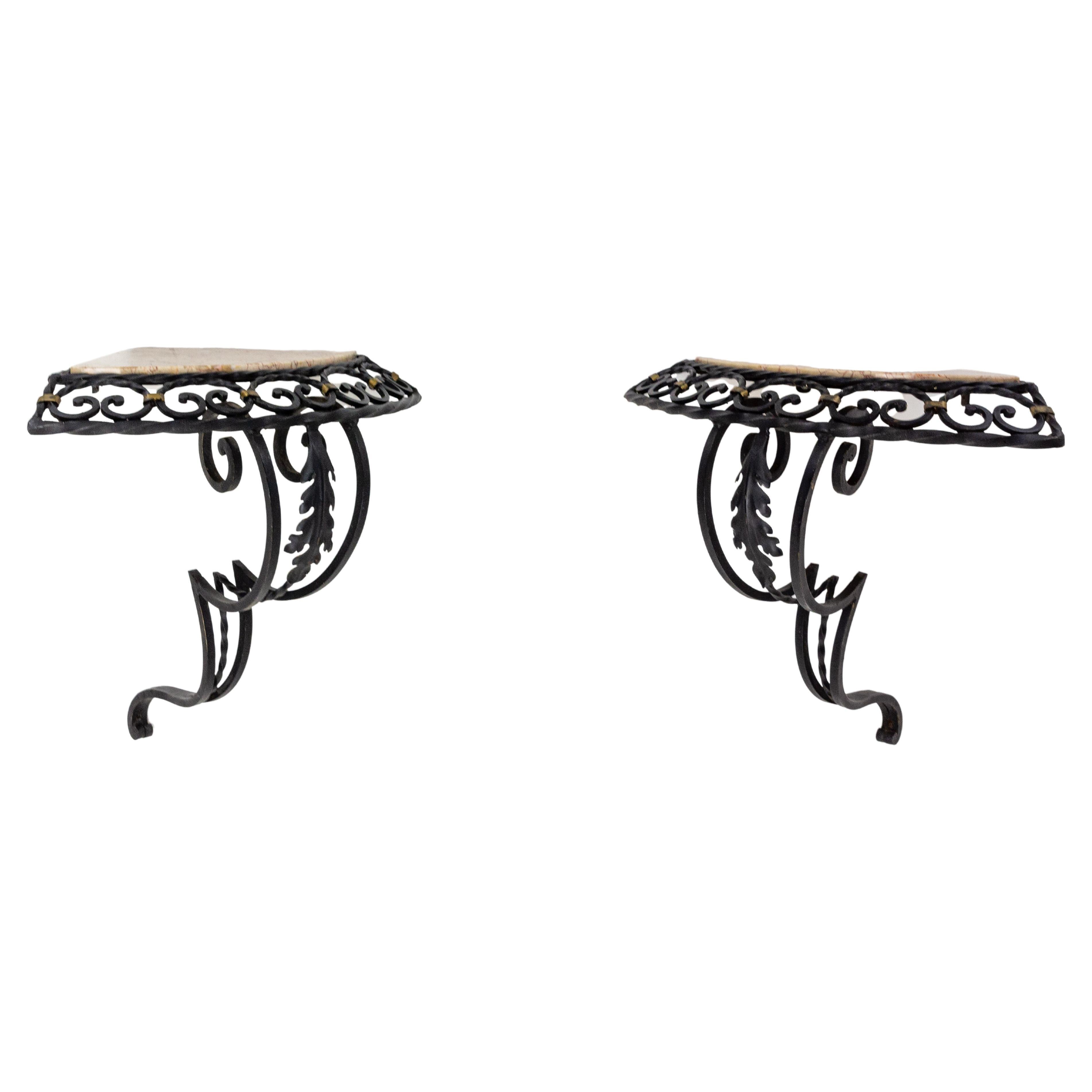 Pair of Art Deco Small Corner Console Tables French Brackets Wall Mounted