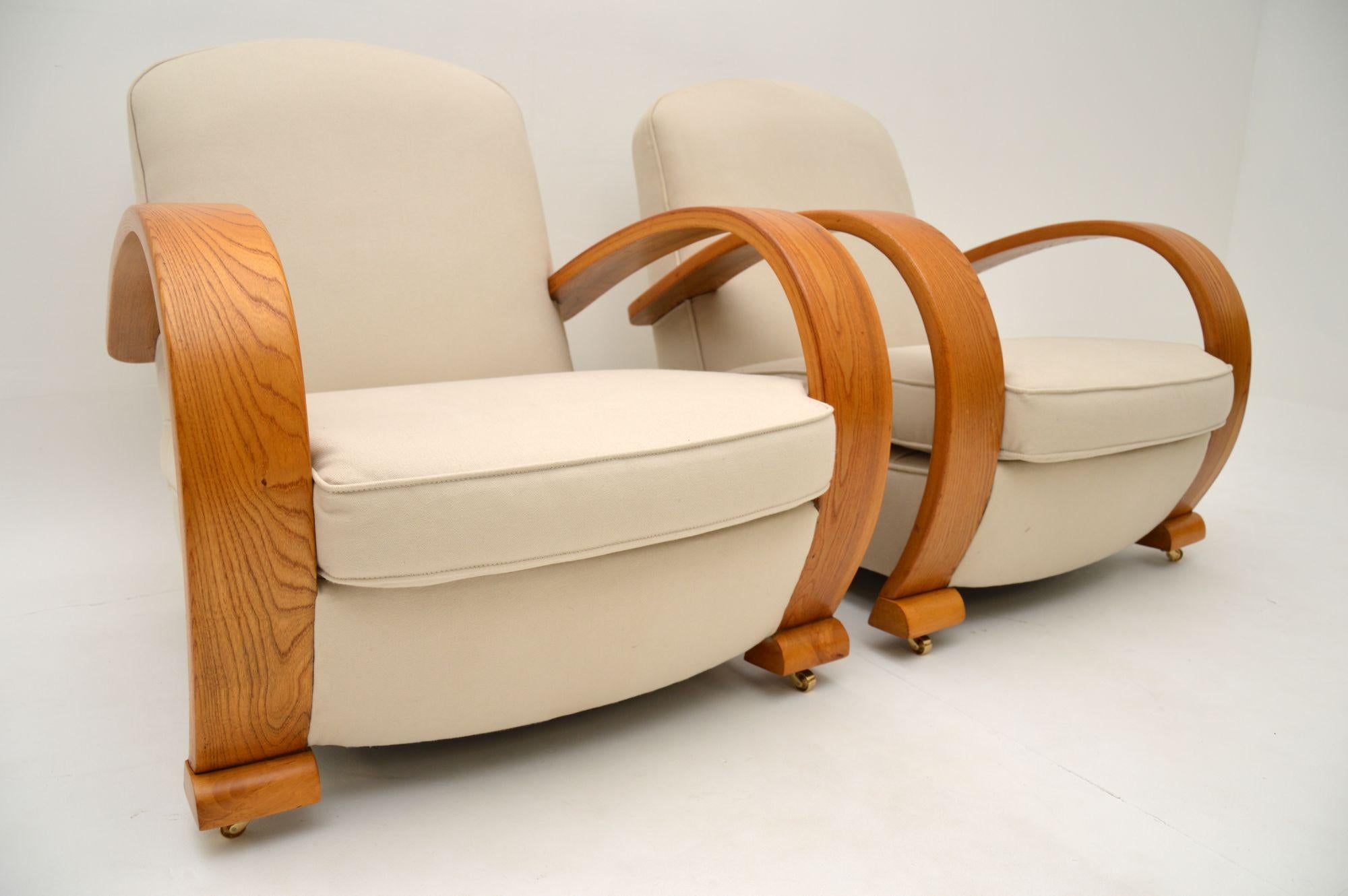 Pair of Art Deco Solid Elm Armchairs 5
