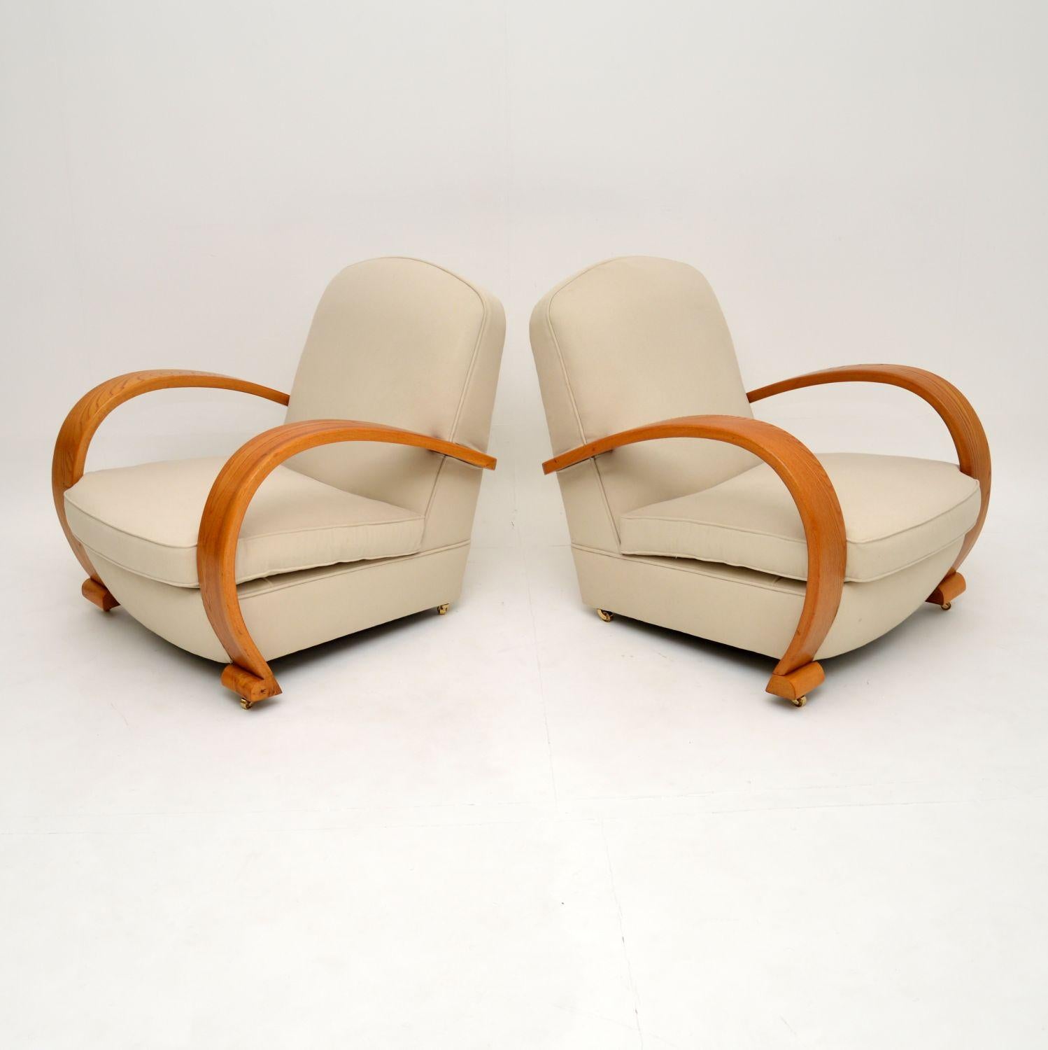 Swedish Pair of Art Deco Solid Elm Armchairs