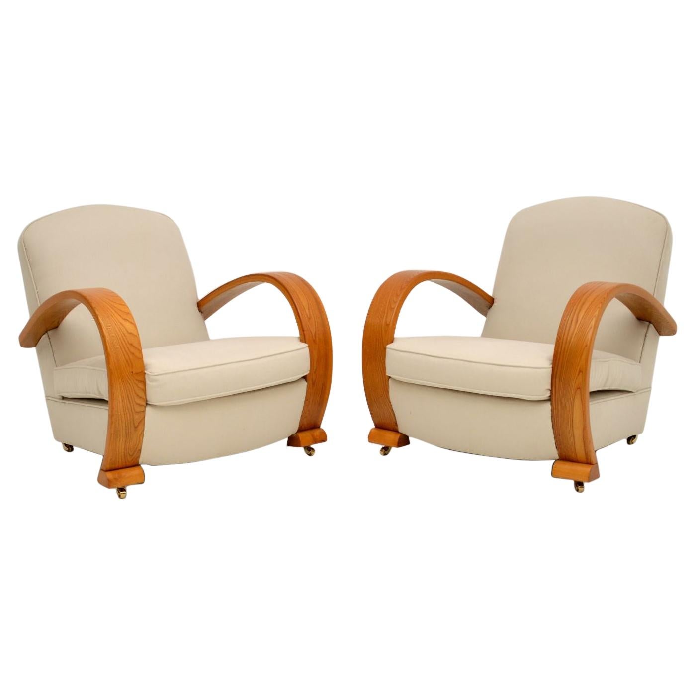 Pair of Art Deco Solid Elm Armchairs